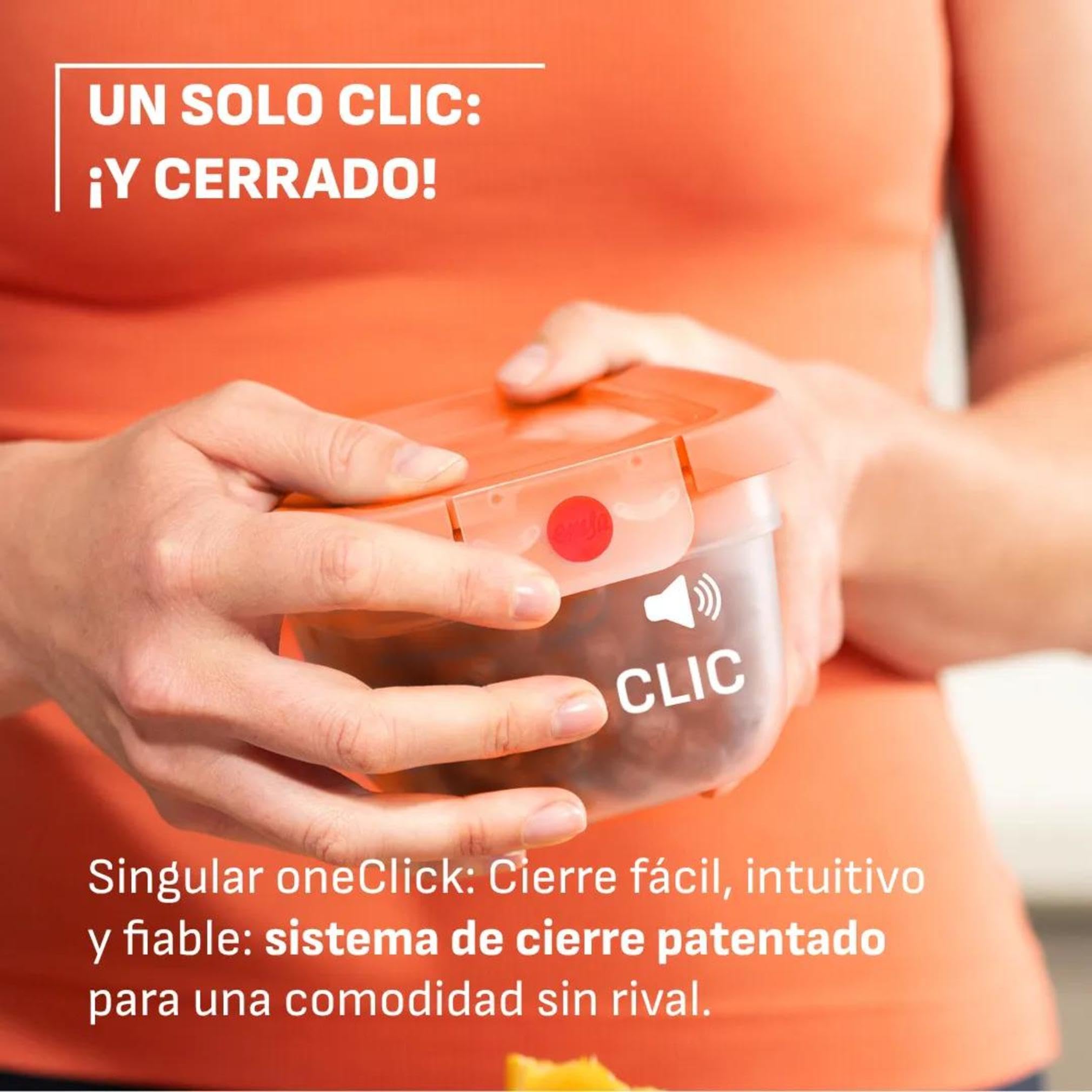 EMSA oneClick, recipiente para almacenar alimentos, un clic, abrir y cerrar sin esfuerzo, 2 veces más frescos, 100% hermético, apilables, set 5 piezas naranja, 2x 0,50L, 2x 1,20L, 1x 2,30L, N1230900
