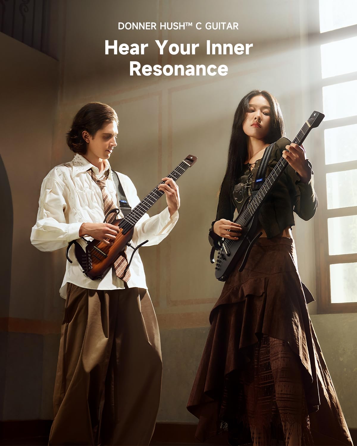 Donner HUSH C Acoustic-Electric Nylon String Classical Guitar– Ultra-Lightweight Travel Guitar with Built-In Tuner, HPS-II Preamp, Headphone Jack & Quick-Release Stand – Sunburst