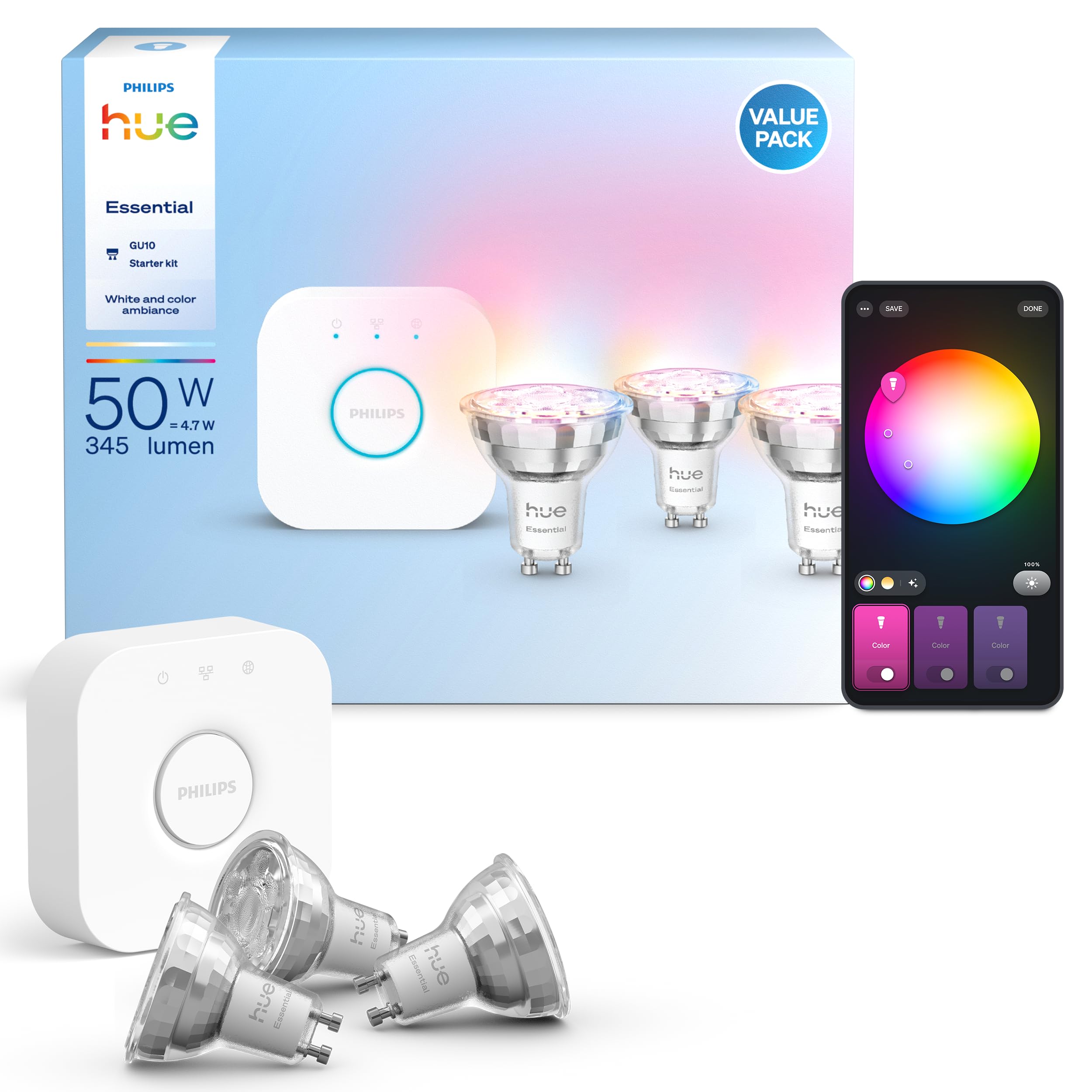 Philips Hue Essential Lot de 3 spots GU10 345 lm