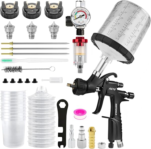 BENTOHKLE A610 LVLP Air Spray Gun with 10PCS 650ML Disposable Paint Cups, 1.3/1.5/1.7mm Nozzles& Air Gauge, R500 Automotive Paint Gun for Car Painting (LVLP Spray Gun with Disposable Paint Cups) - 1