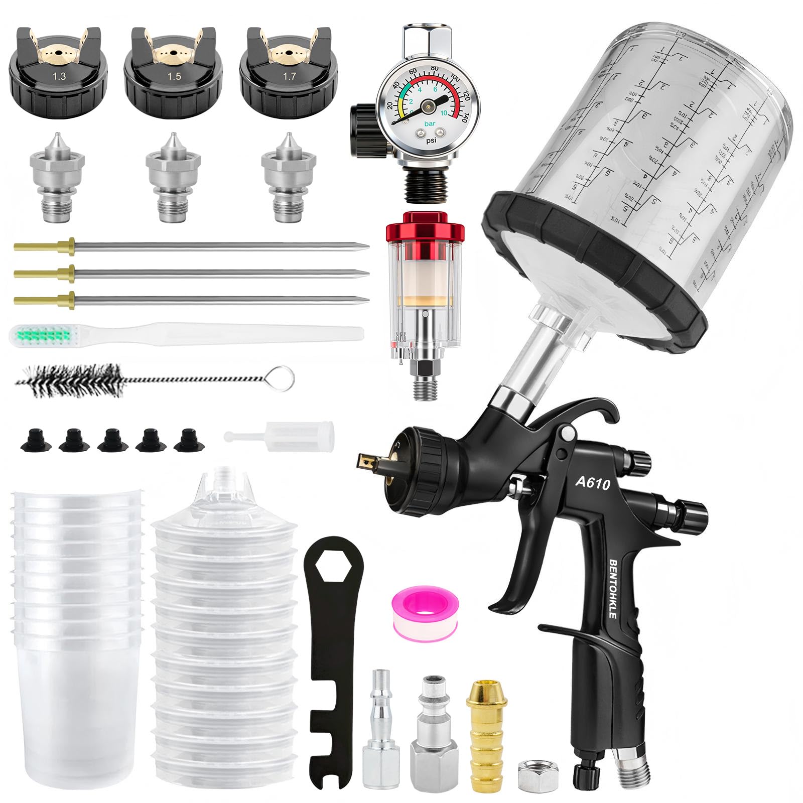 BENTOHKLE A610 LVLP Air Spray Gun with 10PCS 650ML Disposable Paint Cups, 1.3/1.5/1.7mm Nozzles& Air Gauge, R500 Automotive Paint Gun for Car Painting (LVLP Spray Gun with Disposable Paint Cups) - 1