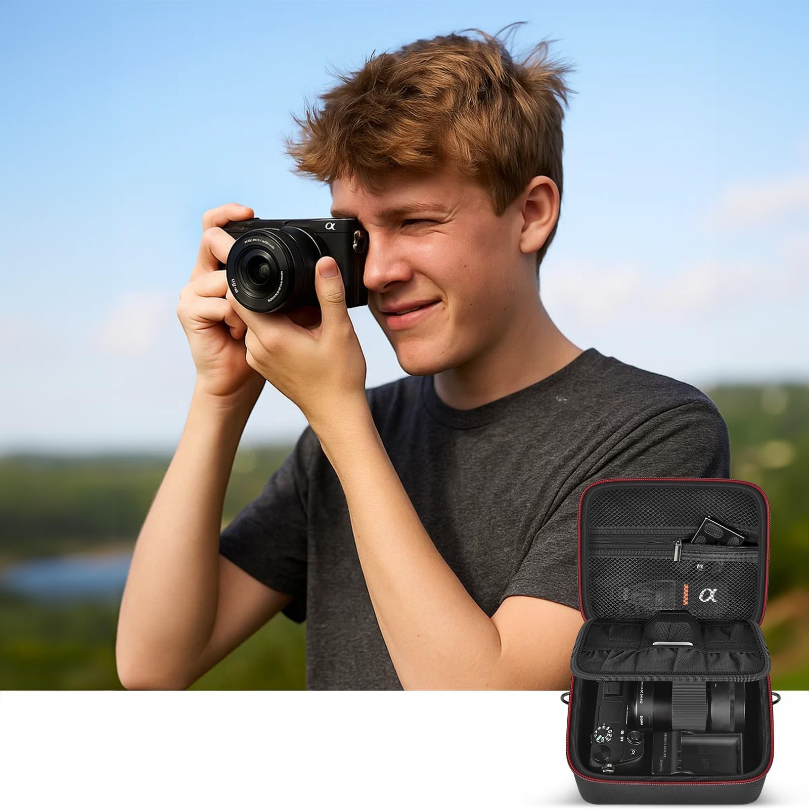 casmilee Custodia per fotocamera digitale mirrorless Sony Alpha ZV-E10 Alpha a6400/ a6700/ a6100/ a6000/ a6600/ a6500, borsa da viaggio rigida con tracolla per obiettivi e accessori (nero, M)