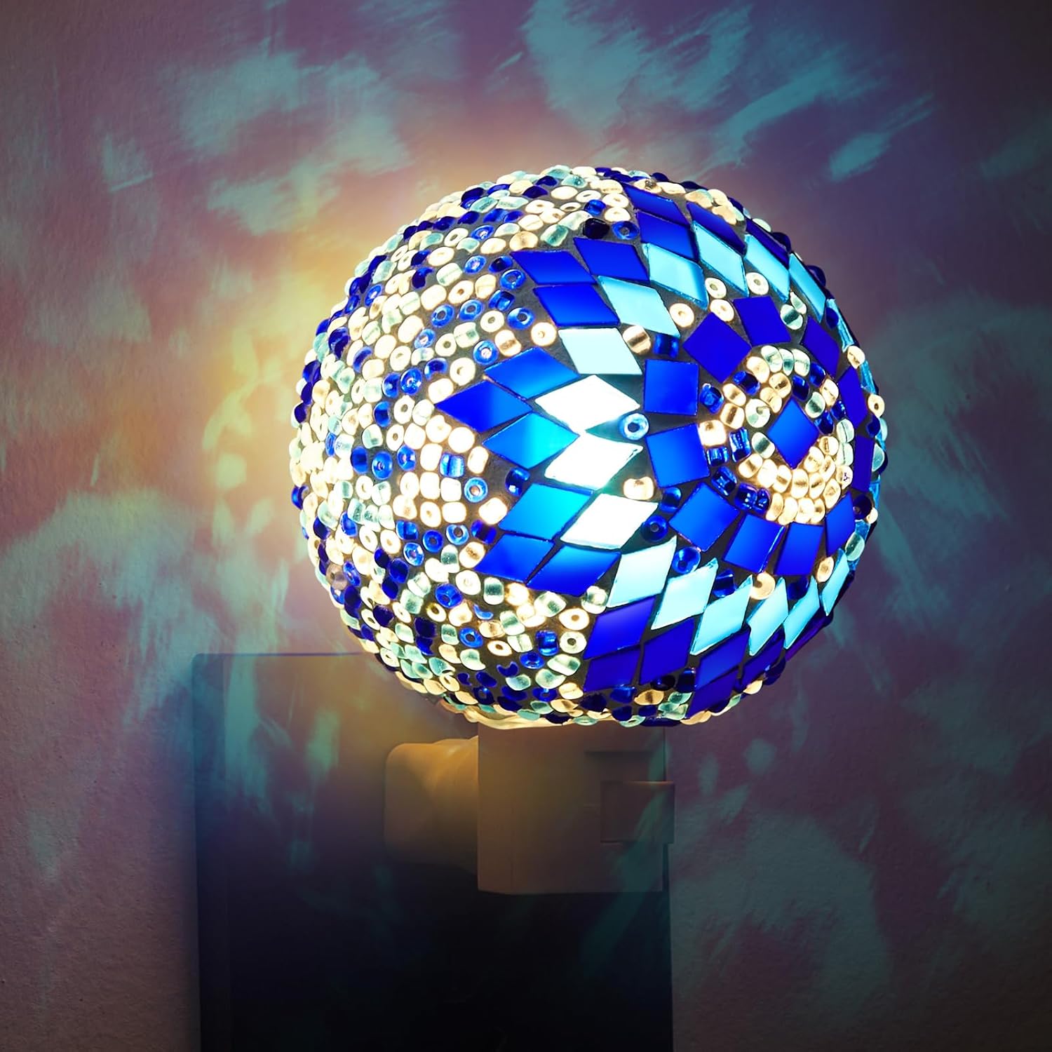 Baquler Turkish Night Light Plug in Wall - Moroccan Stained Glass Globe Lamp Bohemian Bedroom Decor Ambient Warm Light for Living Room Hallway Unique Gift for Women(Blue)
