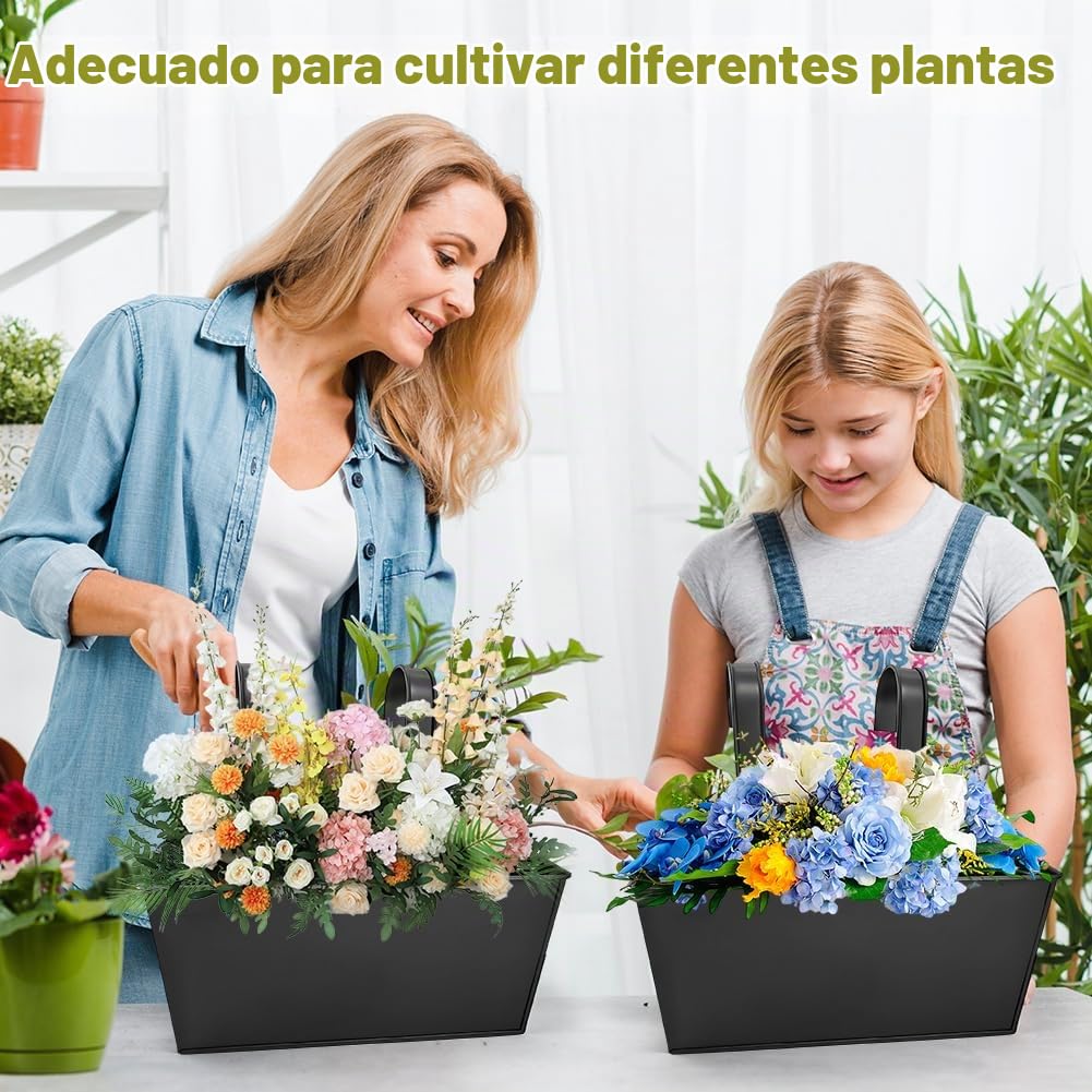 4 macetas colgantes de metal, grandes macetas para colgar con gancho extraíble, 27,5 cm, macetas colgantes para balcón, valla, jardín, pared, casa, casa, decoración, macetero decorativo (negro)