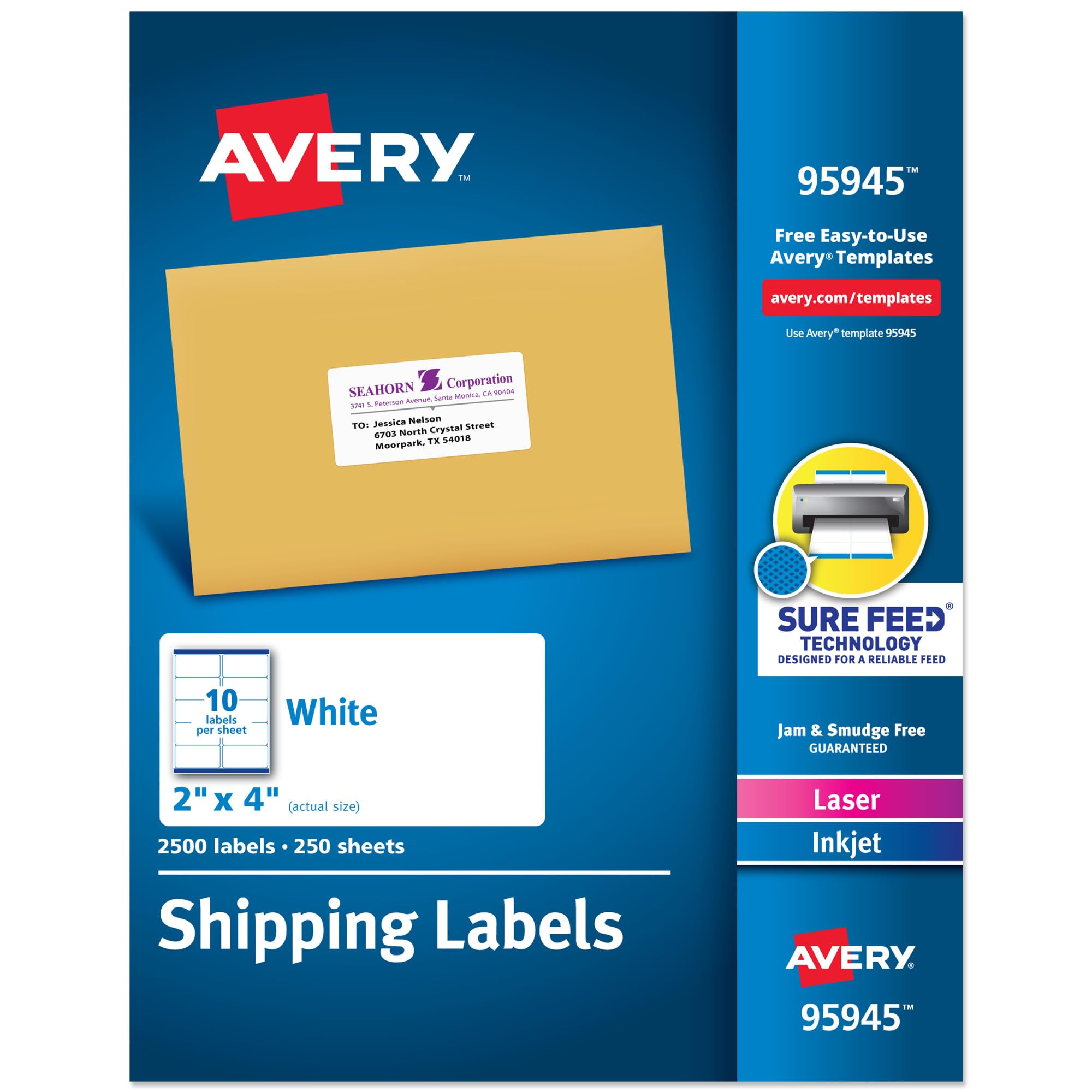 Avery Printable Shipping Labels, Sure Feed Technology, 2" x 4" Customizable Stickers, White, 2,500 Blank Mailing Labels, Great for Mailing, Shipping, and More (95945)
