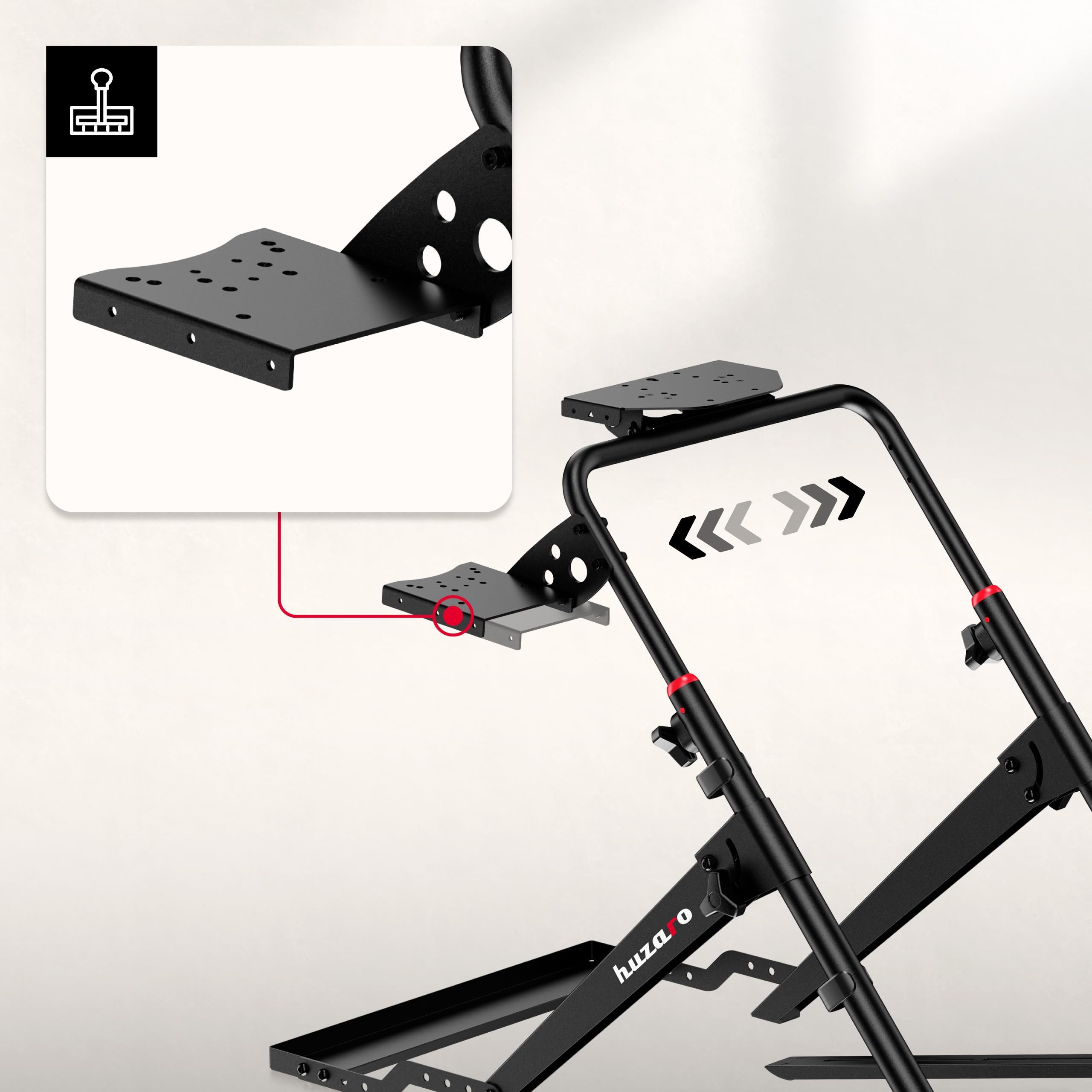 huzaro Speed 4.0, Supporto volante regolabile, compatibile Logitech Thrustmaster Fanatec MOZA Simagic, altezza 65,3-82 cm, blocco sedile, Shifter sinistra/destra, acciaio 1,5 mm