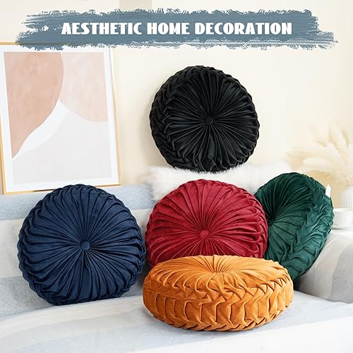 Miniatura 4 de Almohada redonda de 15.7 pulgadas, suave y redonda, hecha a mano, plisada, cojín redondo para sofá, almohada decorativa de terciopelo para sofá,