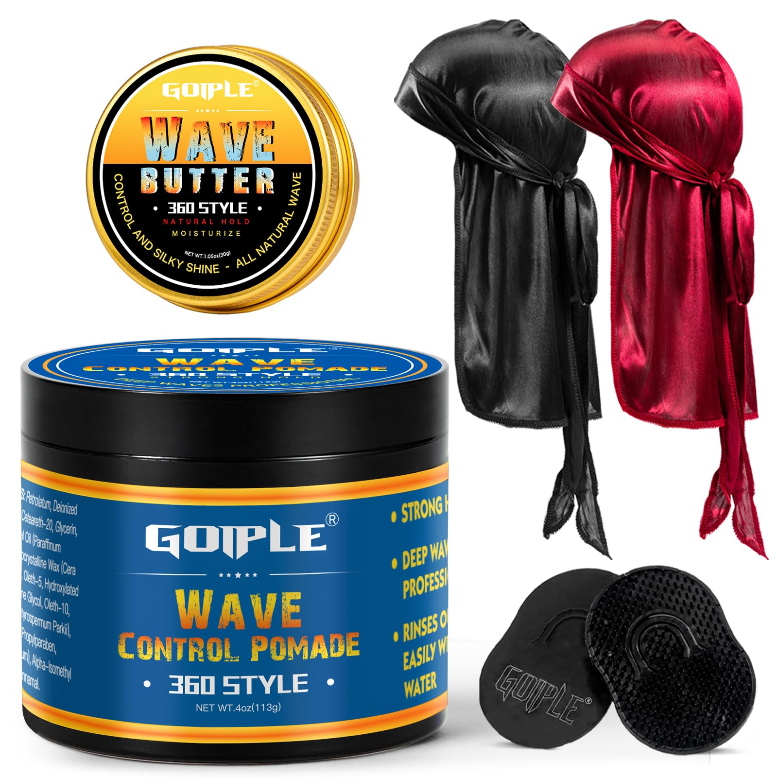 360 Wave Pomade Strong Hold 360 Training Hair Cream, Wave Greasy Wave Butter for Men Pocket Palm Brush Curved Wave Brush Silky Durags for Men Extra Long Tails Wave Brush Wave Cap Set
