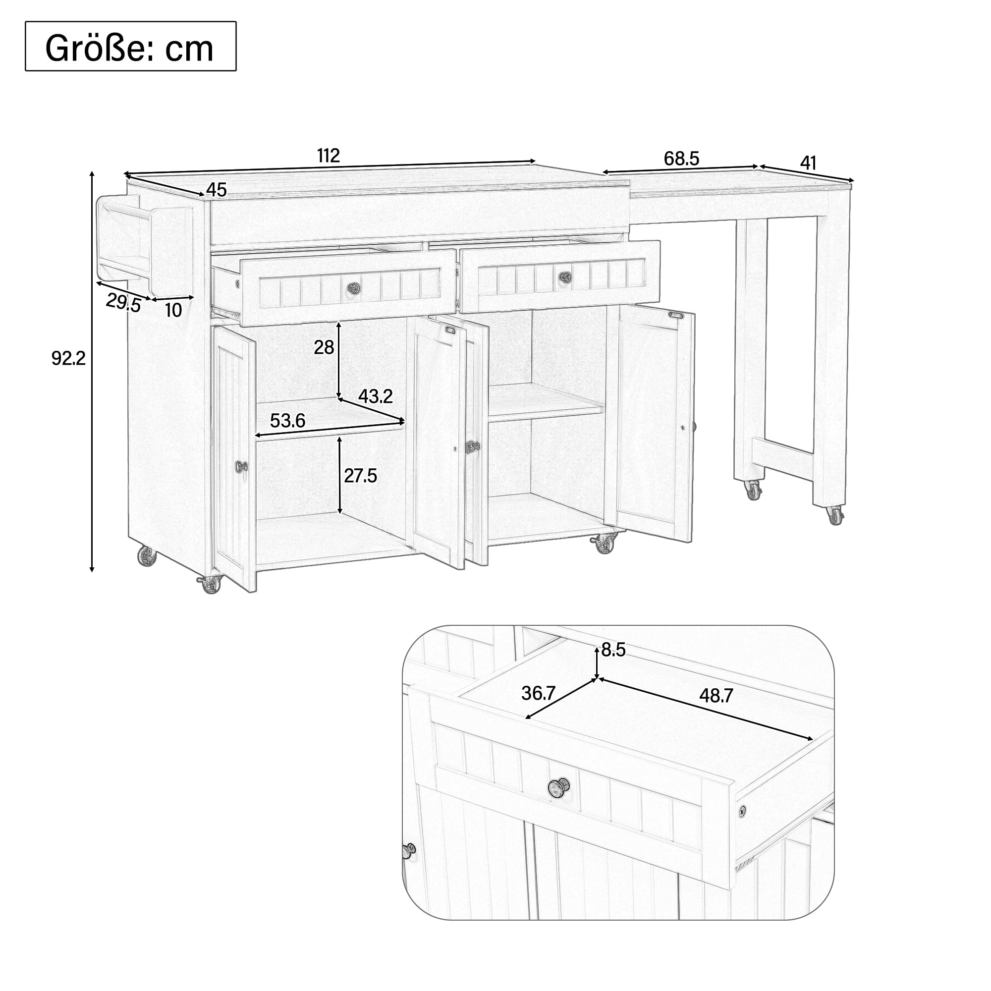 Isola da cucina su ruote con 2 cassetti, 4 ante, piano di lavoro allungabile, tavolino bar allungabile con spazio di archiviazione, tavolo estensibile, per 2-6 persone, carrello da cucina