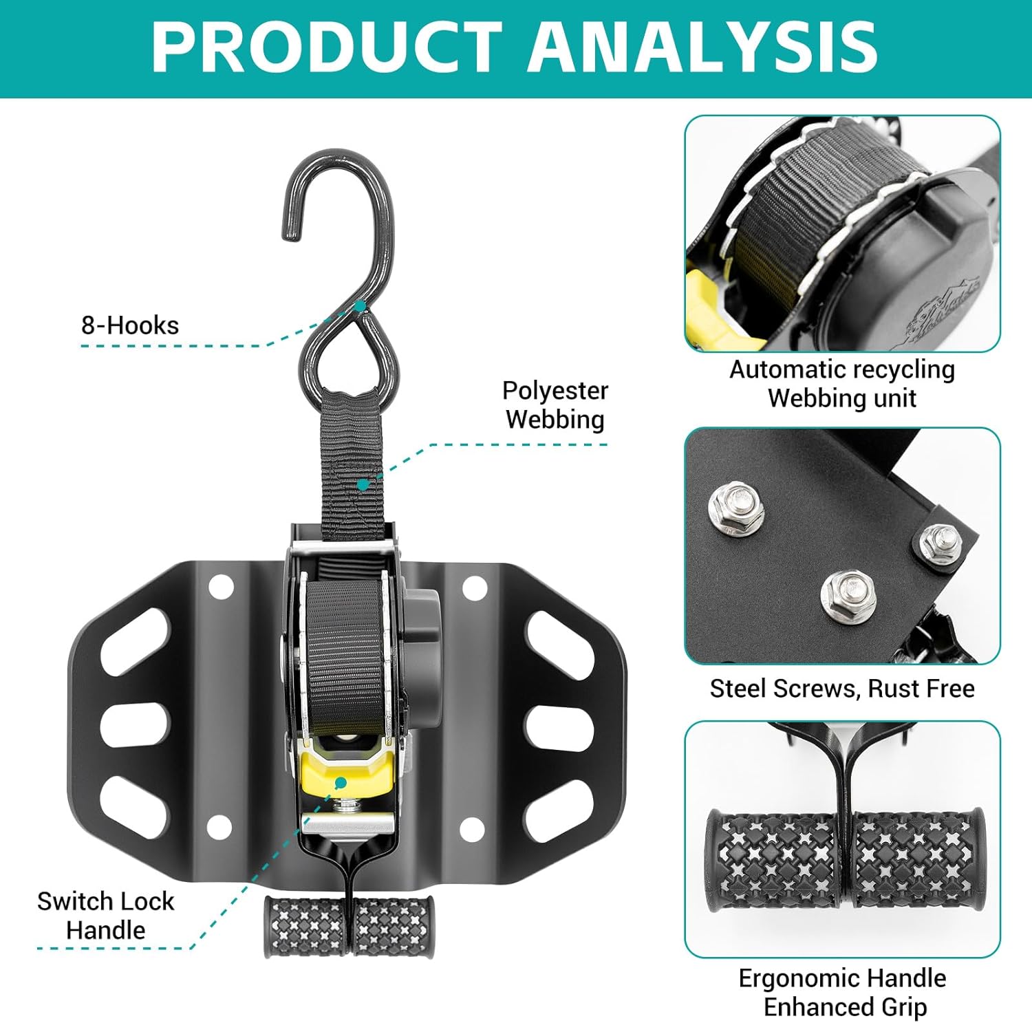 2PCS Ultimate Retractable Ratchet Straps Compatible with Ford F150 / Raptor 2015-2025, Super Duty 2017-2025 with Boxlink Accessories, Bed Mount Bolt on Self Retracting Tie Down Straps
