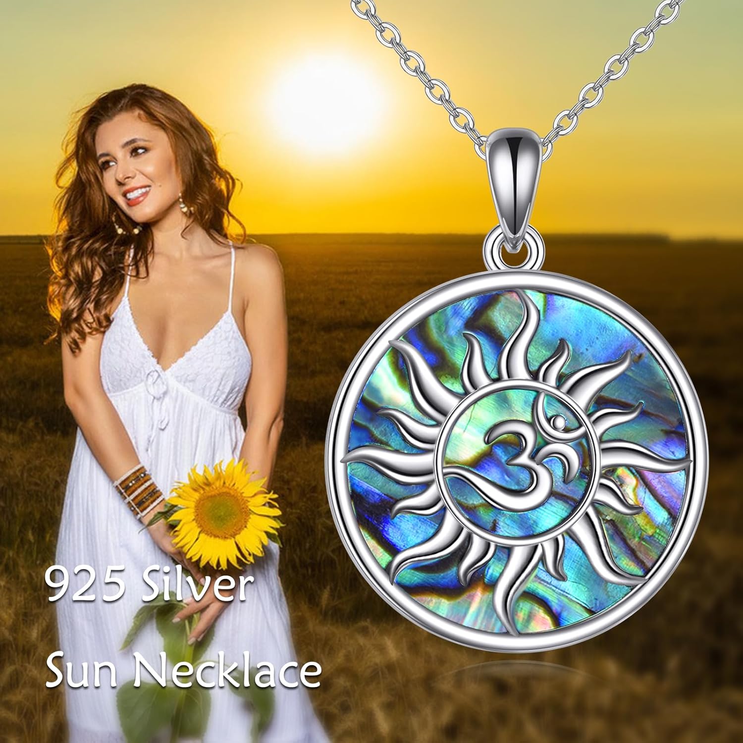 Om Necklace 925 Sterling Silver Sun Ohm Pendant Necklace Abalone Jewelry Gifts for Women Men - Image 5