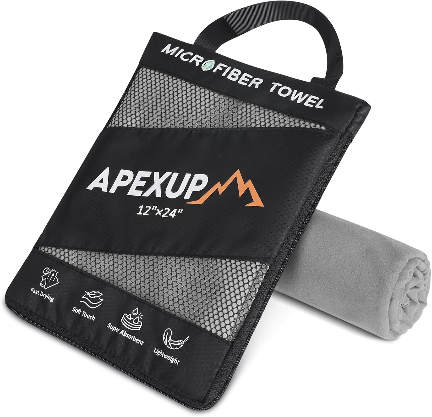 APEXUP Microfiber Travel Towel 24x12 Gray - Ultra Absorbent Quick Dry Lightweight Gym Workout Yoga Beach Camping Towel