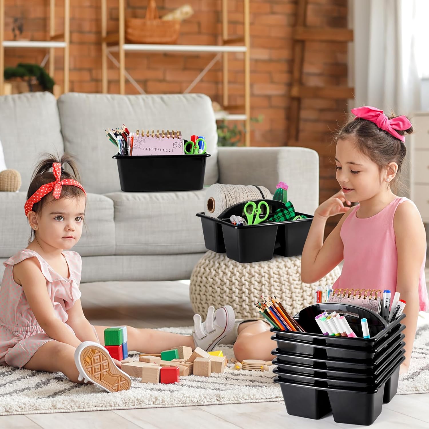 6 Pack Classroom Caddy with Handle Plastic Storage Caddy Organizer with 3 Compartments Desk Caddies Holder Portable Storage Bin for Pencil, Crayon, Marker, Home, Office, School Supplies(Black)