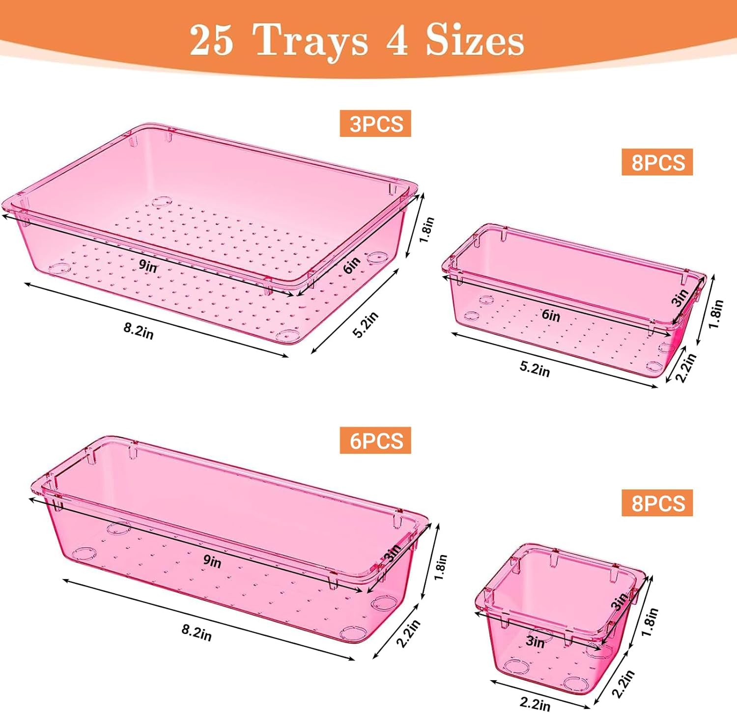 25 PCS Plastic Drawer Organizer Set, 4-Size Versatile Organizer Trays & storage Bins for Makeup, Jewelry, and Gadgets in Bathroom, Bedroom and Office, Clear Pink - Image 2