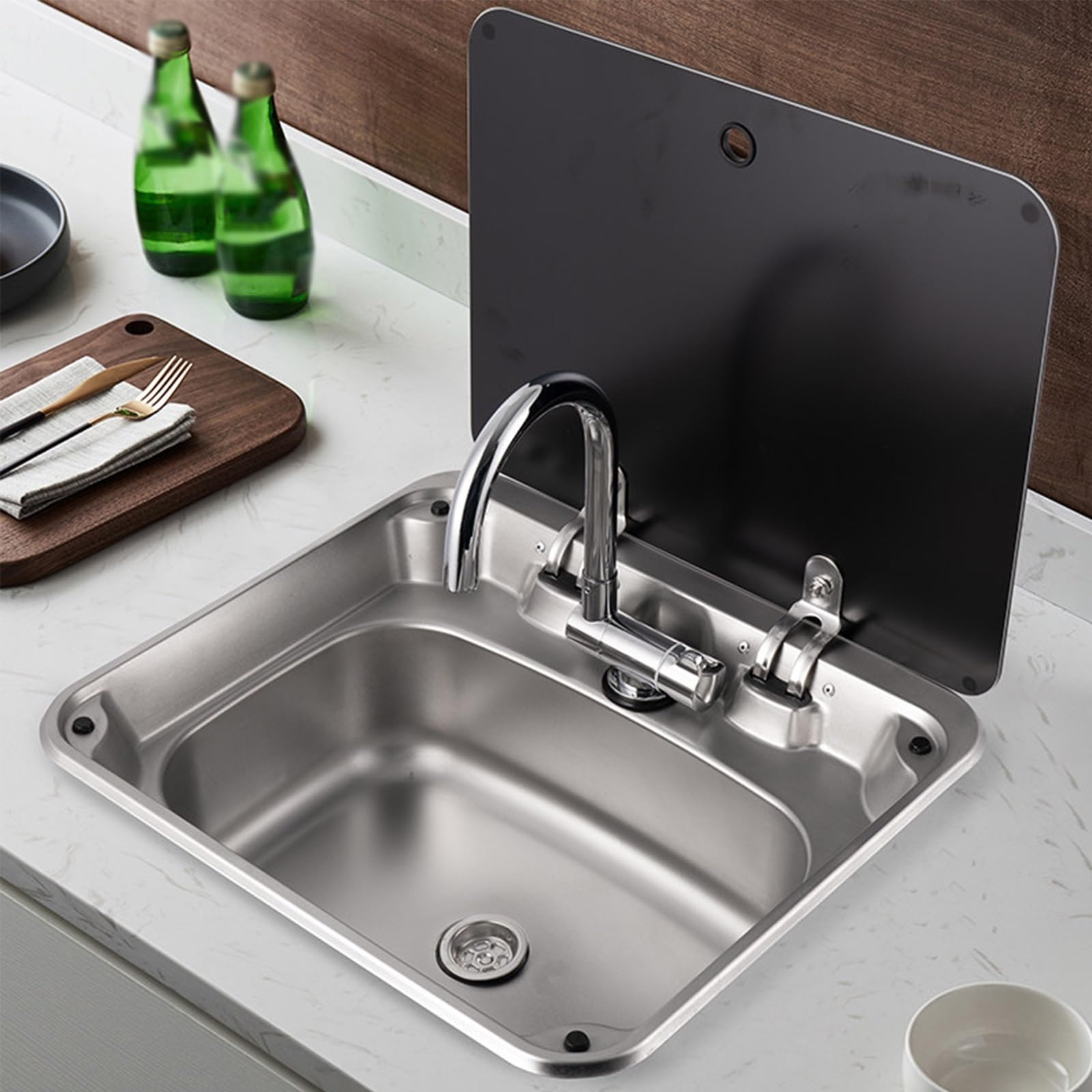 Fregadero Camper con Tapa, Lavabo Caravana con Grifo Plegable, Fregadero Empotrable, Material de Acero Inoxidable, Adecuado para Remolques y Caravanas