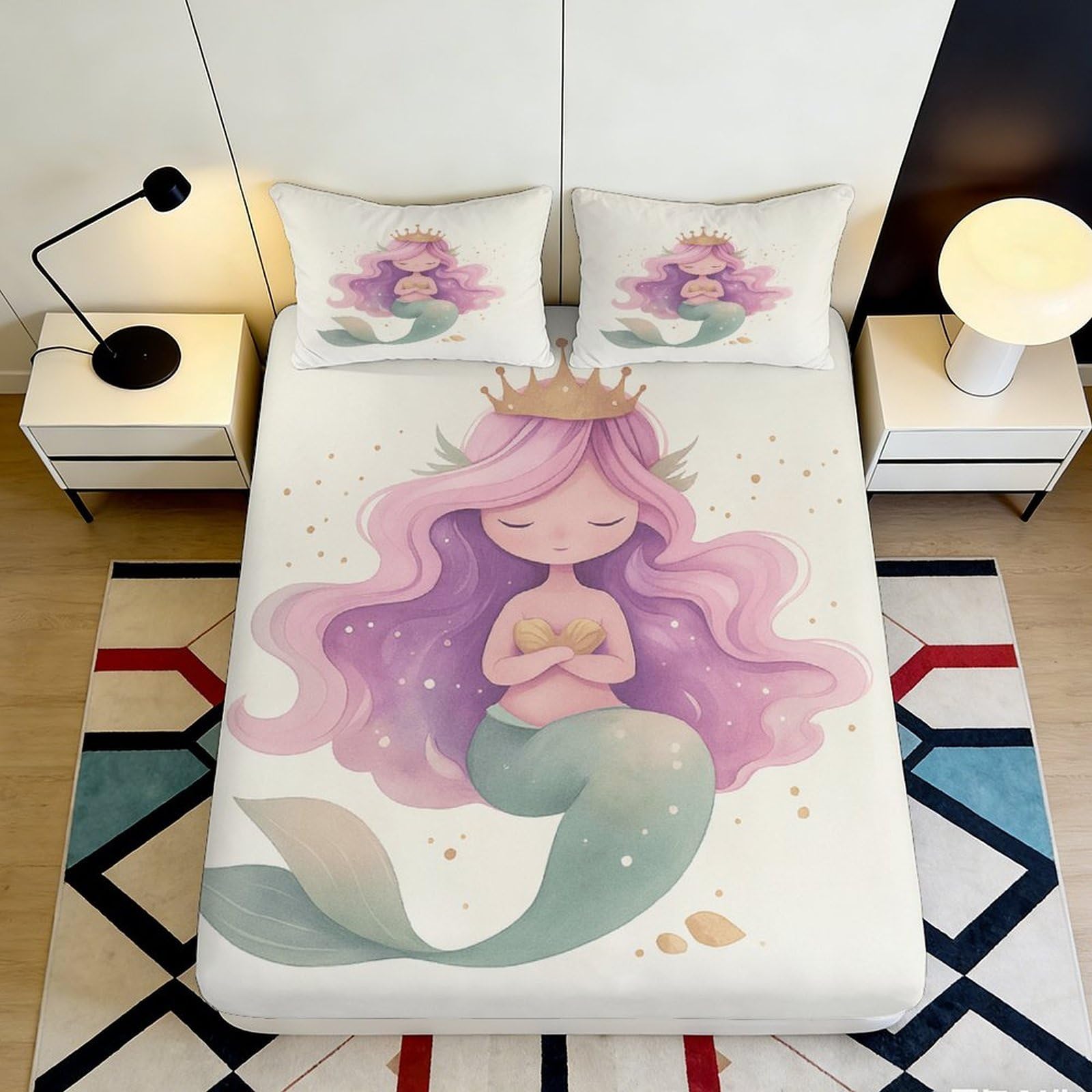 Uynsixtme Style-1 3D Printed Mermaid Fitted Sheet Microfiber Deep Pocket Non-Slip Full Wrap Bedroom Set Mermaid Mattress Fitted Cover Washable 200X200x25cm
