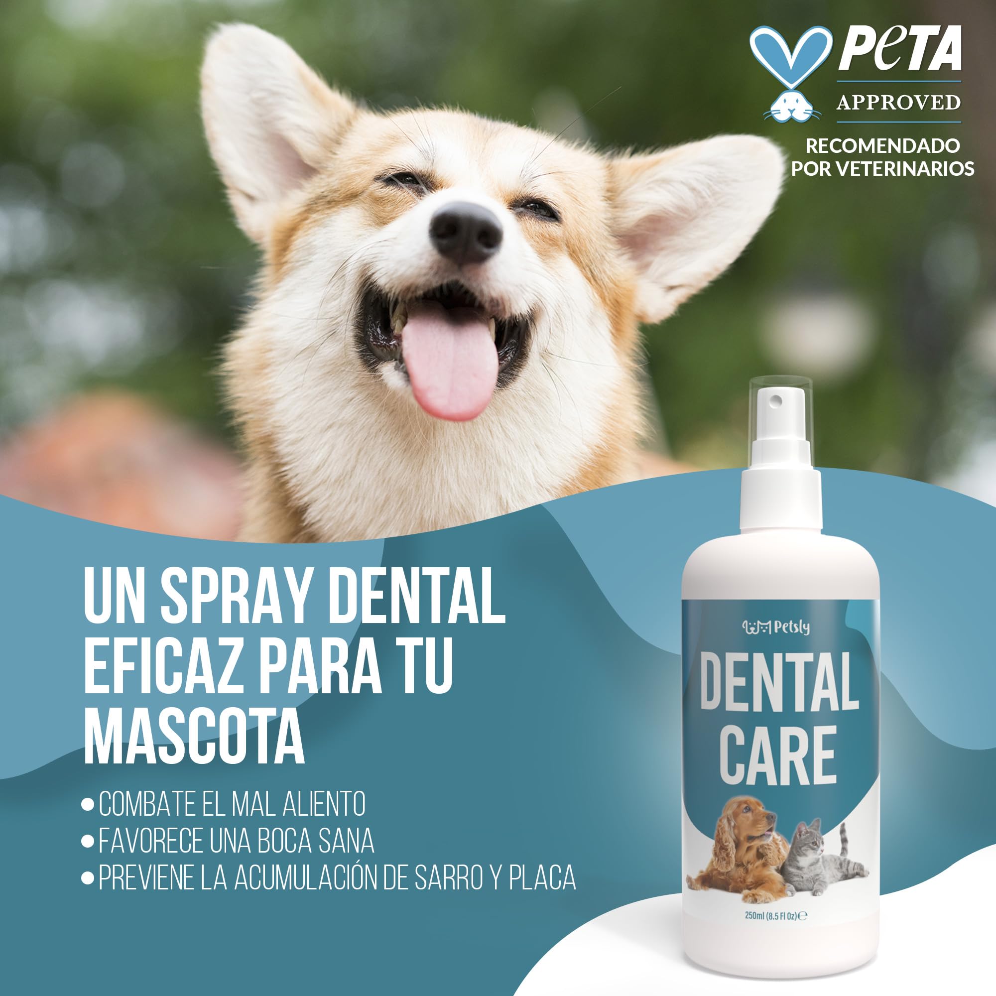 Petsly® Spray Dental Perros y Gatos - 250ml - Elimina el Mal Aliento, Reduce Sarro y Placa - Higiene Bucal sin Cepillado ni Enjuague - Ingredientes Naturales, Seguro si se Ingiere - Calidad Alemana