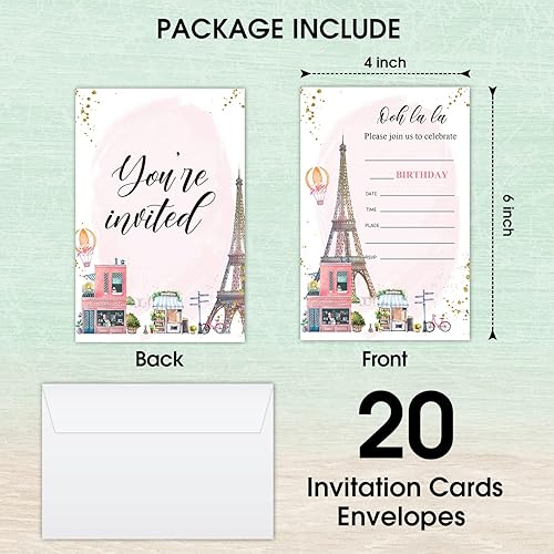 Miniatura 2 de LWBEO Tarjetas de invitación de cumpleaños, invitaciones de fiesta de acuarela de París, suministros de decoración de fiesta de feliz cumpleaños