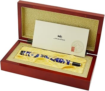 Chinese Fountain Pen Collection by Jinhao Blue Double Dragon Medium Cloisonne Enamel Handcraft for Signature and Collection with Wooden Gift Box