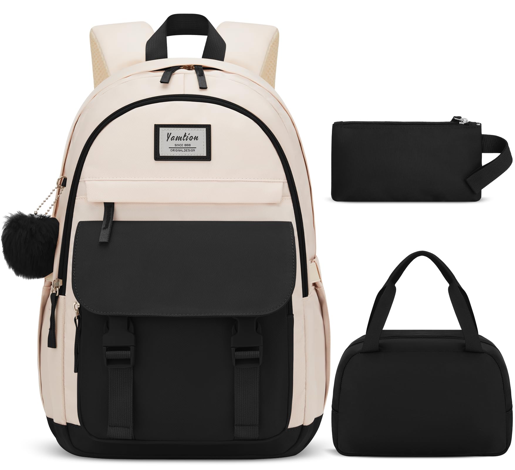 YAMTION Sac à dos d'école 3 pièces pour adolescentes, filles et femmes, ensemble de sac à dos kawaii avec sac à déjeuner et trousse à crayons pour l'école