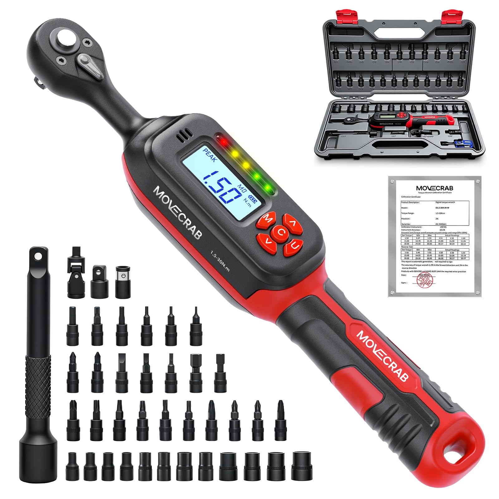 MOVECRAB Digital Torque Wrench, 40-Pieces 1/4" Drive Bike Torque Wrench Set, 1.5-30 N.m (1.1-22.1Ft.lbs) with Buzzer & LED Indicator, Bits & Sockets for Bike, Motorcycle, Lug Nut, Gunsmithing, MTB
