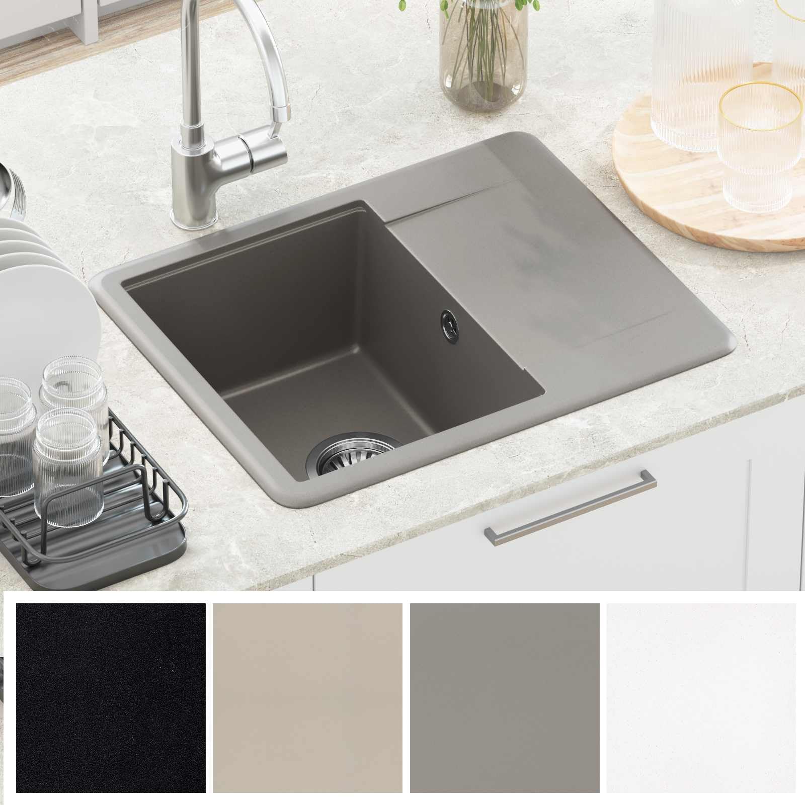 Lavabo gris 560 x 460 mm de 80% cuarzo y 20% resina, fregadero empotrable duradero con escurridor para cocinas modernas, granito resistente, fácil montaje, resistente al calor hasta 280 °C