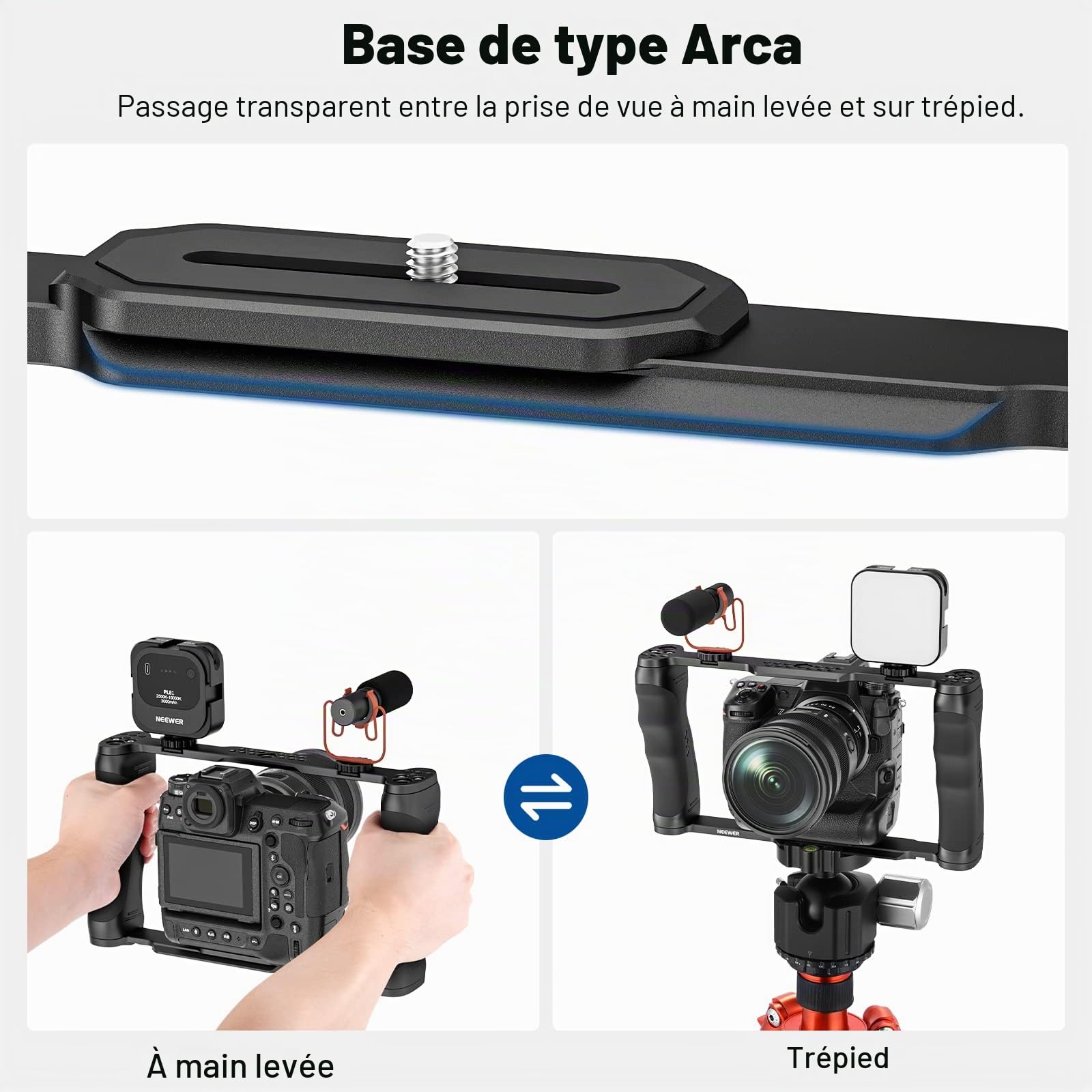 NEEWER Cage pour caméra vidéo avec Base Arca, Double poignées, Support Arri 3/8" et Filetage 1/4", stabilisateur Universel Compatible avec Les Barres de Base SmallRig NEEWER de 15 mm, CA016