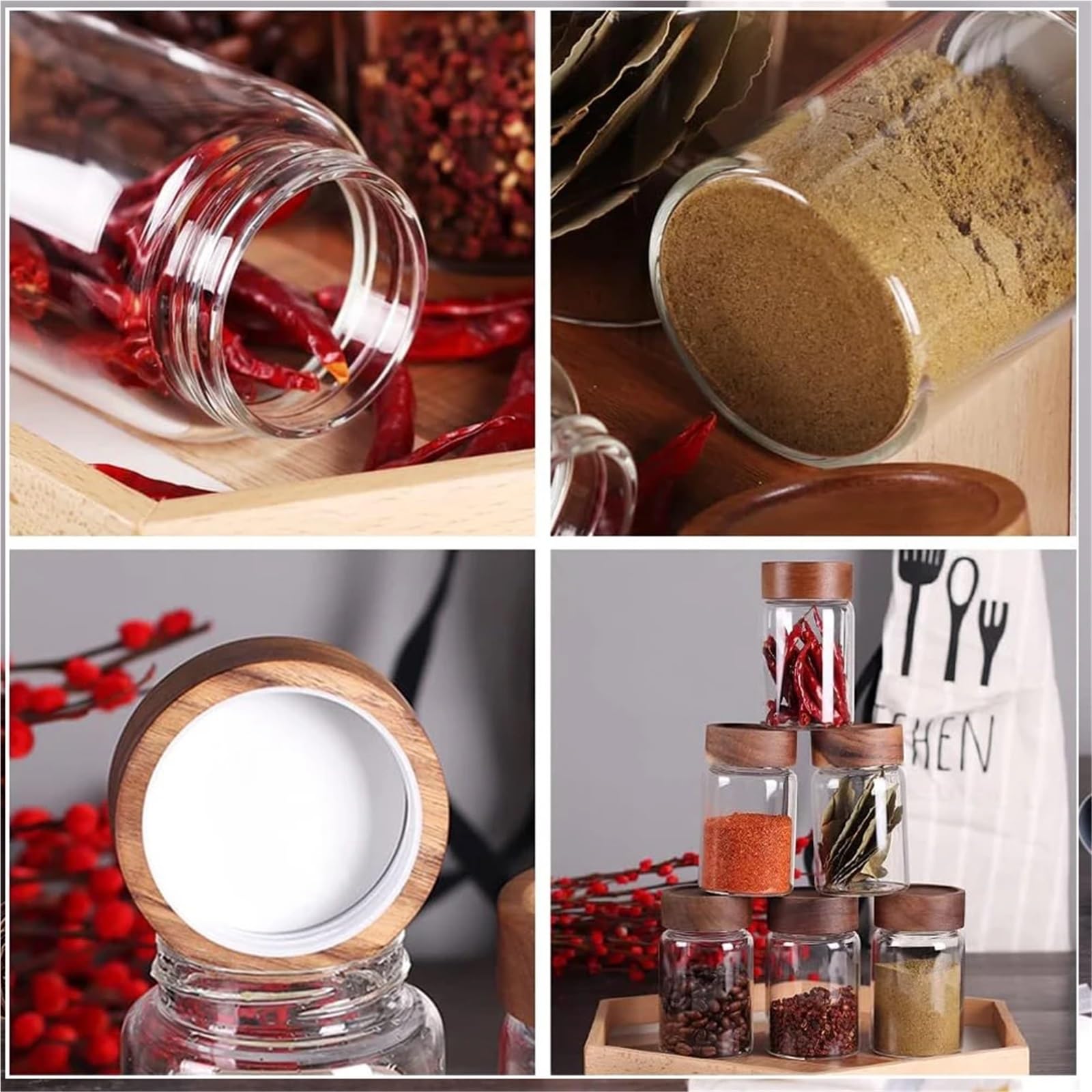 VorratsgläSer Glas mit luftdichtem Verschluss und Holzdeckel, Gewürzbehälter for Lebensmittel(6Pcs)