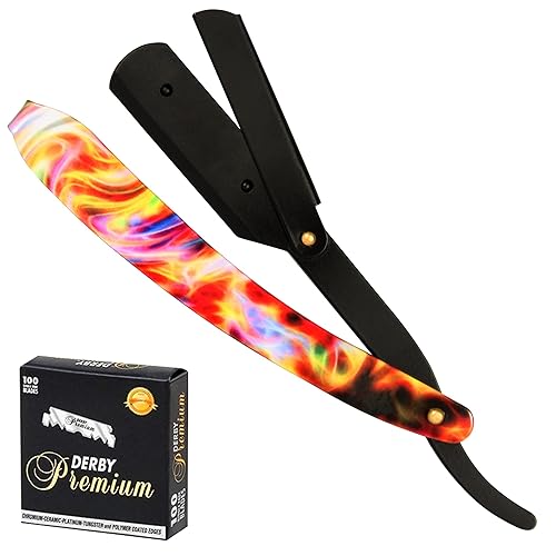 Maquinilla de afeitar profesional de borde recto para hombres con 100 cuchillas Derby reemplazables para peluquero de una sola hoja, navajas para