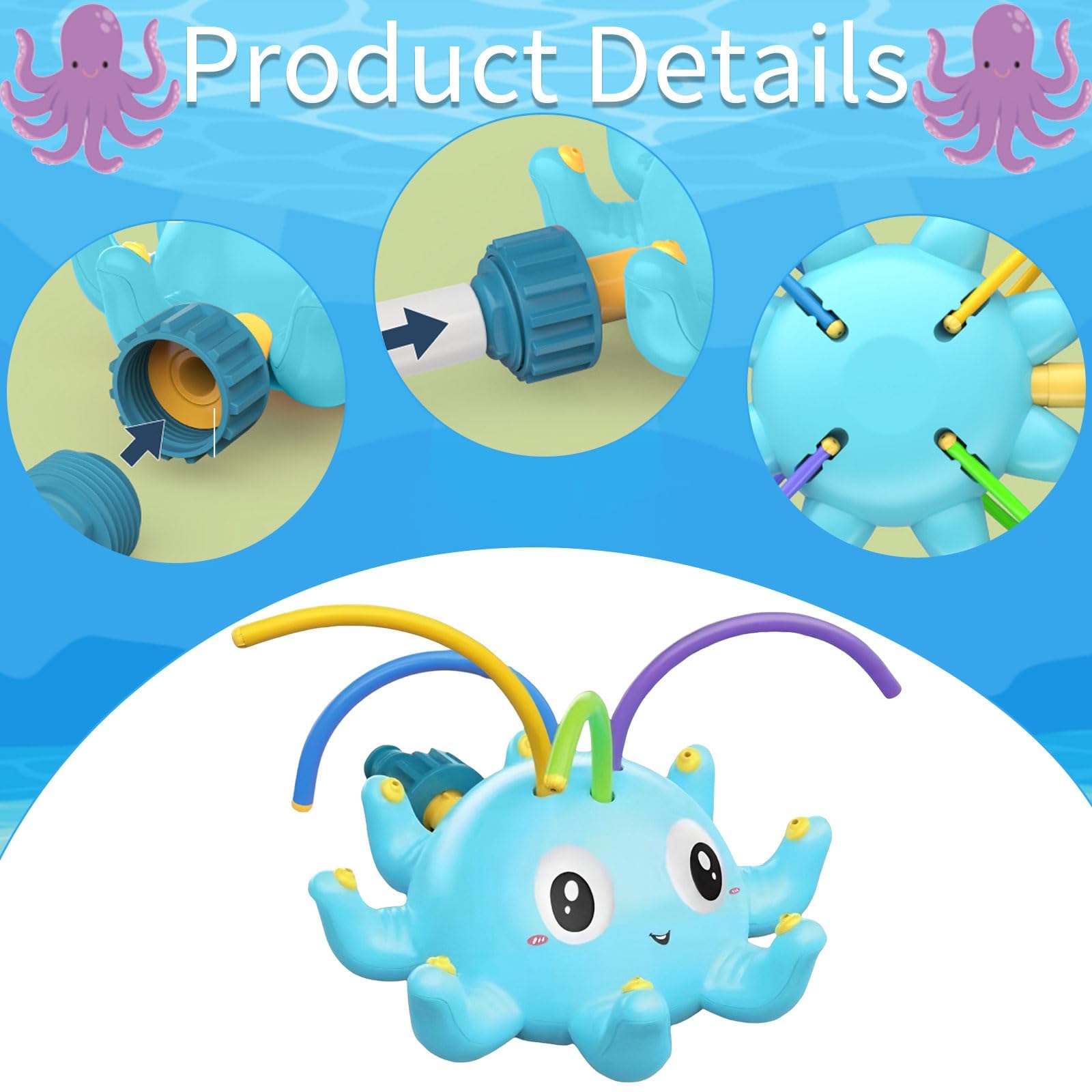 Aspersor De Agua Para Niños Al Aire Libre, Juguete De Agua Para Niños, Aspersor De Agua Para Jardín, Rociador De Césped De Pulpo Para Niños, Juguete De Baño Para Exteriores, Azul Y Rosa