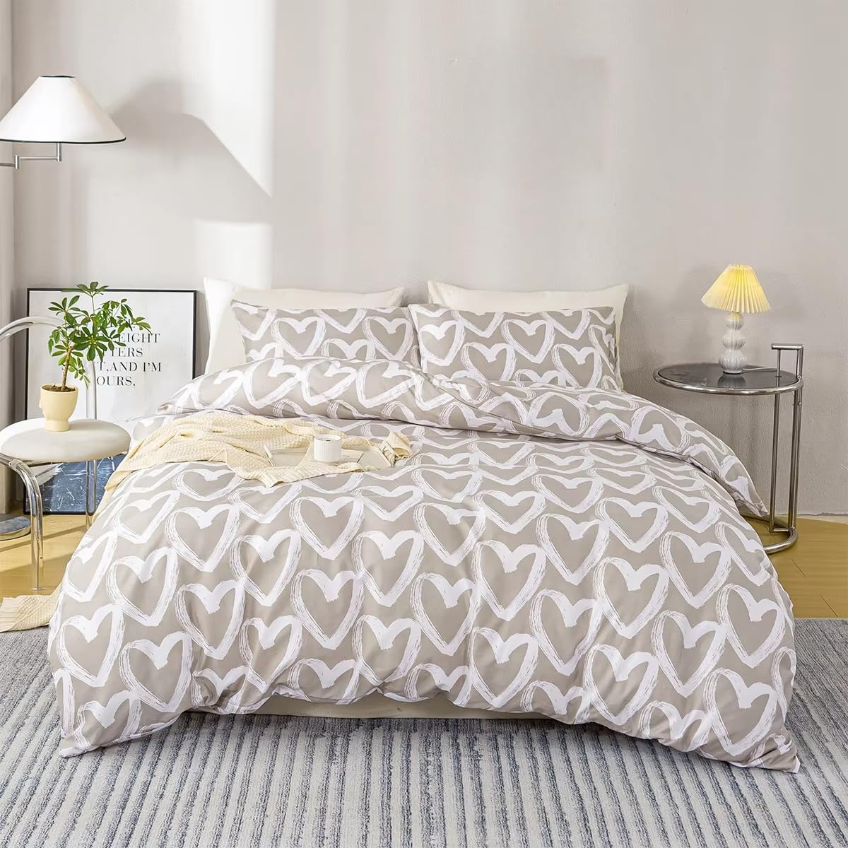 Juego de Ropa de Cama con Diseño de Corazón para Niñas - Funda Nórdica 135X200 con Estampado de Corazón de Pinceladas Blancas y Funda de Almohada - Funda de Edredón de Estilo Romántico y Senci