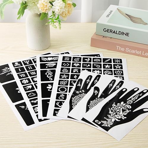 Miniatura 5 de MCPINKY Kit de plantillas de tatuaje de henna, 283 piezas, 12 hojas de purpurina temporal semipermanente para mujeres y niñas, calcomanías de