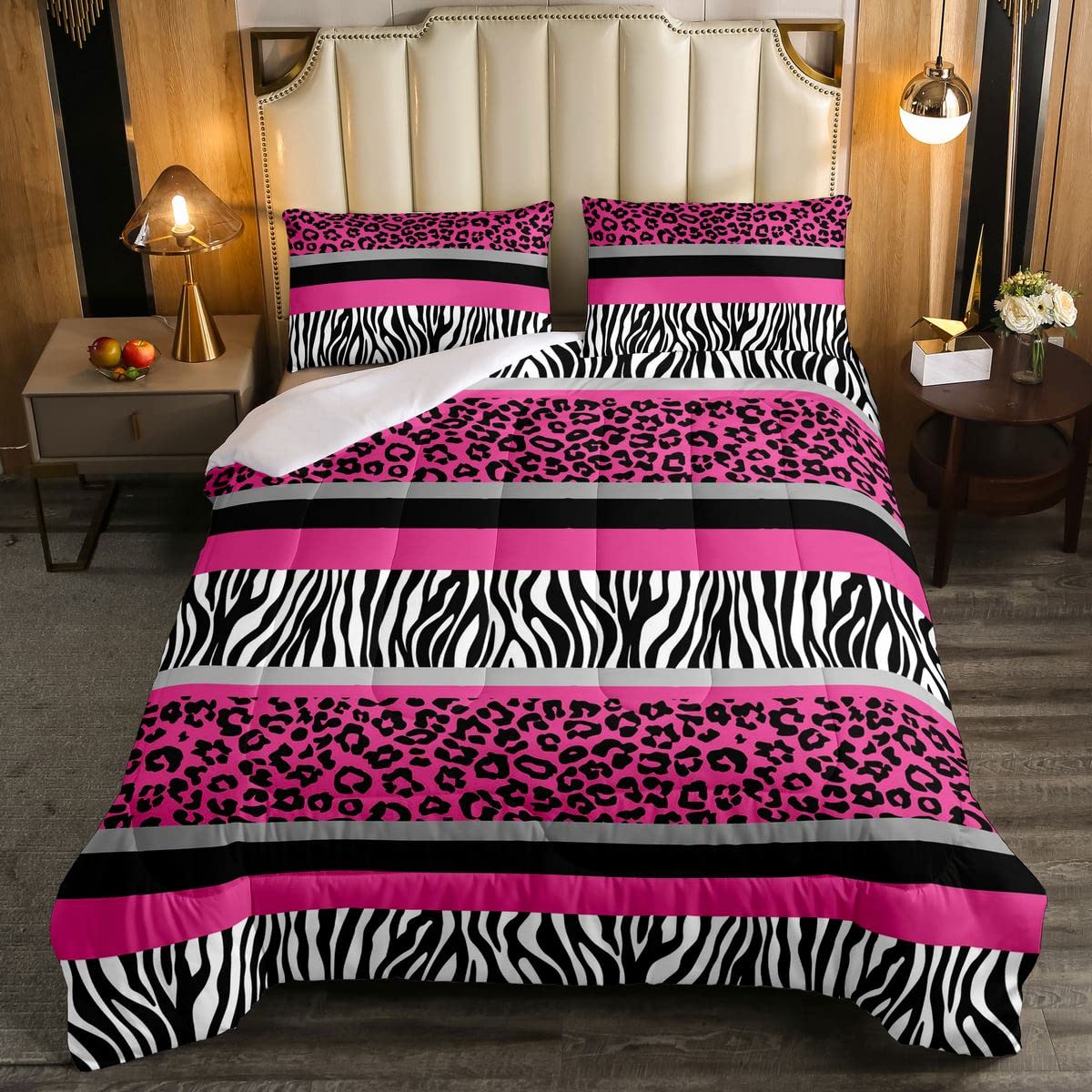 Zebra Stripes Leopard Duvet Set For Kids Boys Girls Pink Black White Zebra Leopard Fur Bedding Set Ultra Soft Wild Animal Skin Texture Down Comforter Single Size