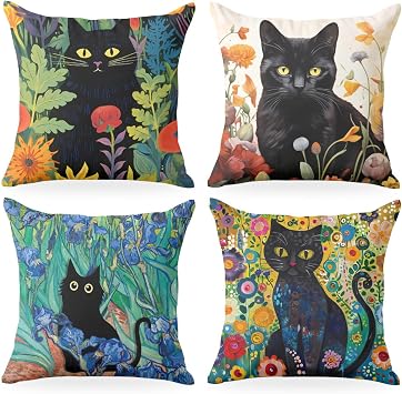 4 PCs Cat Decor Pillow Covers 18x18, Garden Cat Throw Pillow Covers