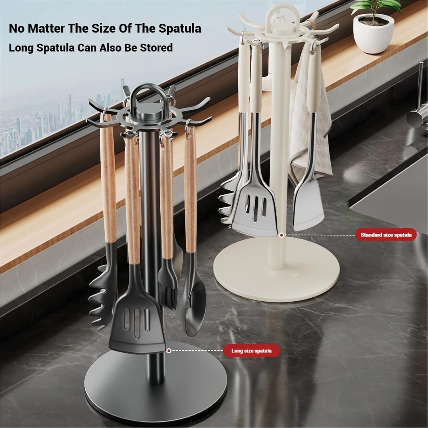 Rotating Kitchen Utensil Holder with 8 Hooks, Countertop Cooking Utensils Storage Hanger for Organization(Gun grey)