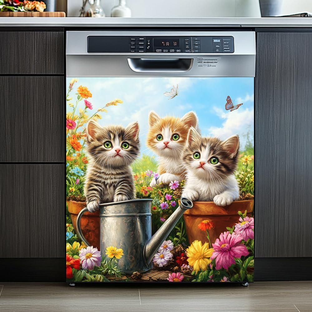 Dishwasher Magnet Cover Decoration,Kitchen Dishwasher Magnetic Cover 23W x 26H inchs Refrigerator Sticker Magnet Cover Vinyl Panel (Cats Flowers)
