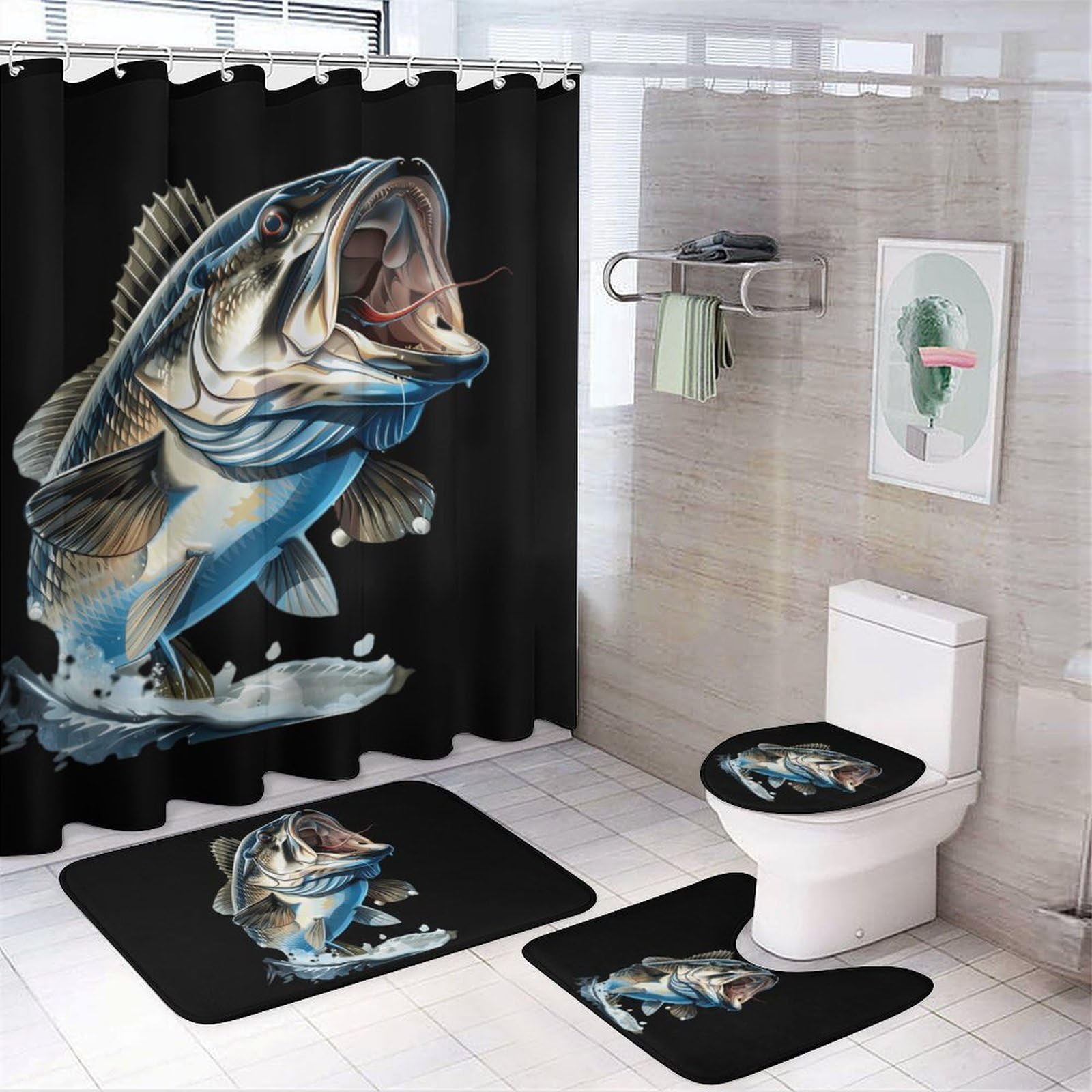 CGSBNGHA Bass Fishing Shower Curtain Set 4 Piece Bathroom Sets with Rugs Toilet Lid Cover And U-Shaped Floor Mat