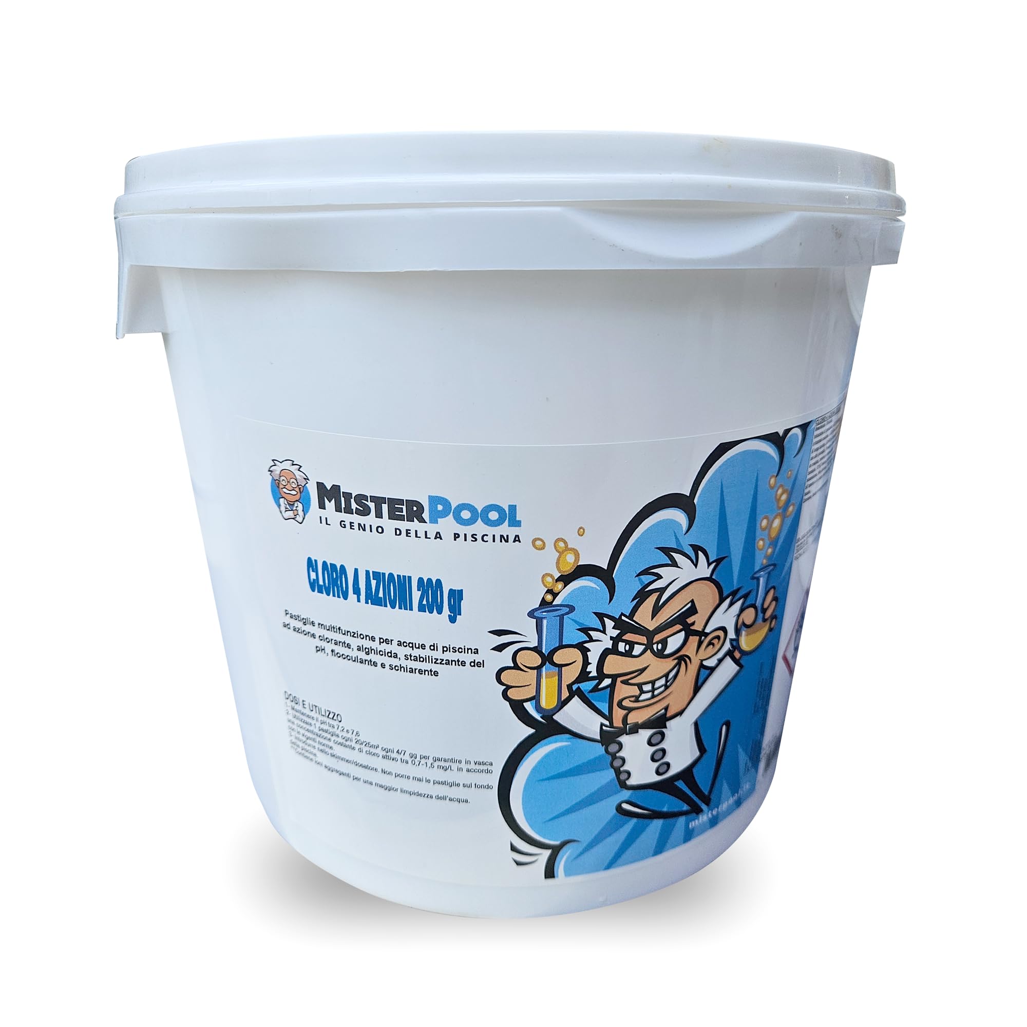 MISTERPOOL, Cloro 4 Azioni 200gr, Trattamento Multi Azione Per Acque Della Piscina, Azione Clorante, Antialghe, Stabilizzante del PH, Flocculante, Formato da 5 Kg