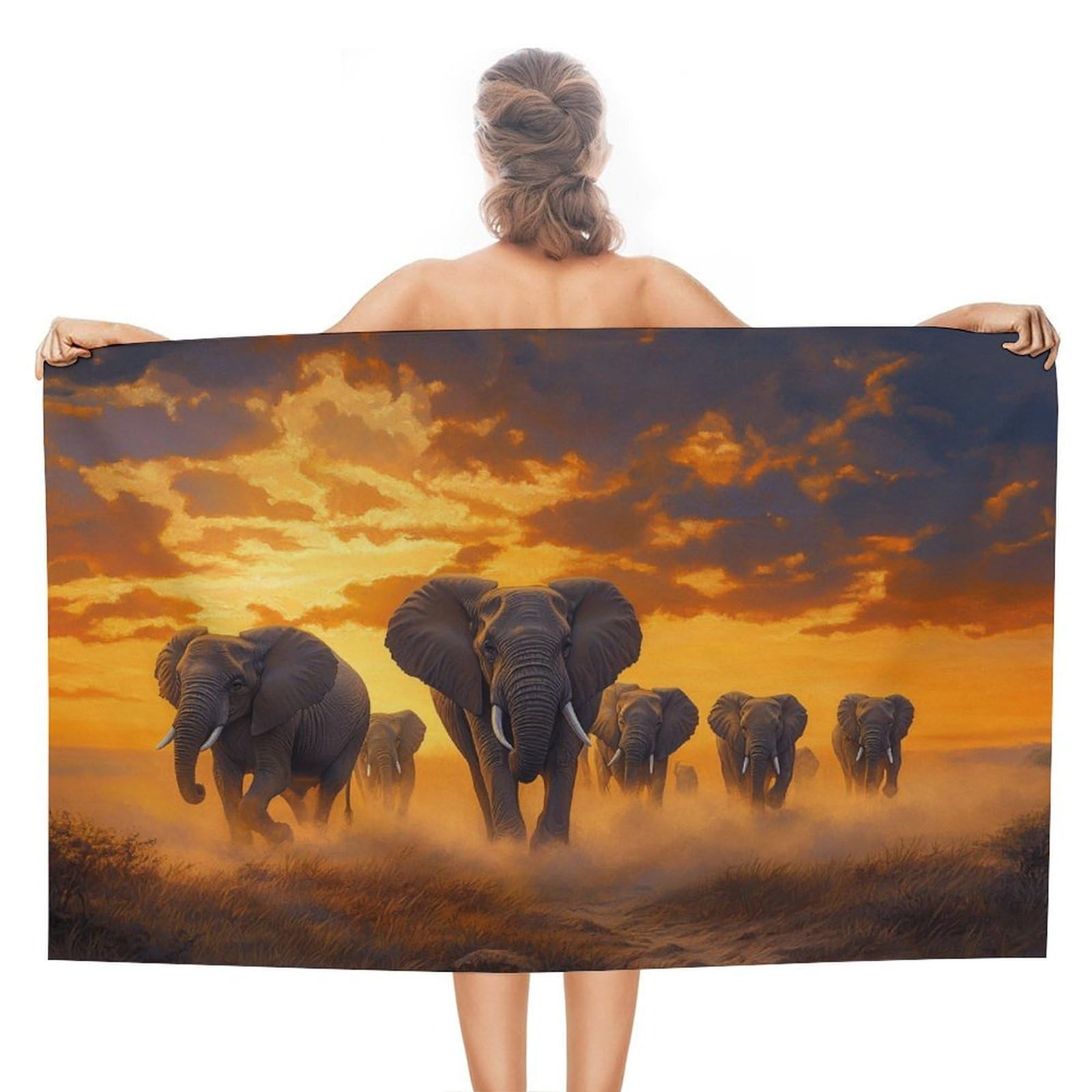 LSRCPD Elephant Walking at Sunset Beach Towel Sand Free Microfiber Large Shower Towels Multipurpose Absorbent for Bathroom Pool 130x80 CM
