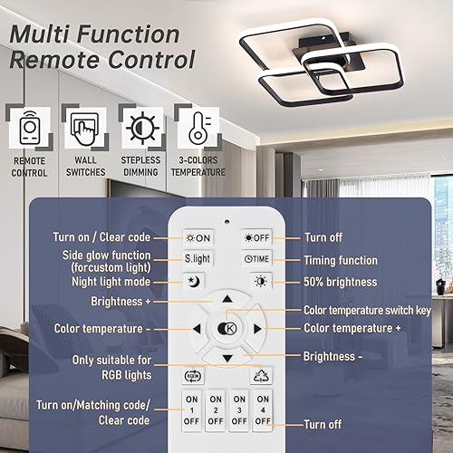 Miniatura 8 de Lámpara de techo moderna, lámpara de techo LED negra regulable con control remoto, lámpara de techo cuadrada de montaje empotrado para sala de
