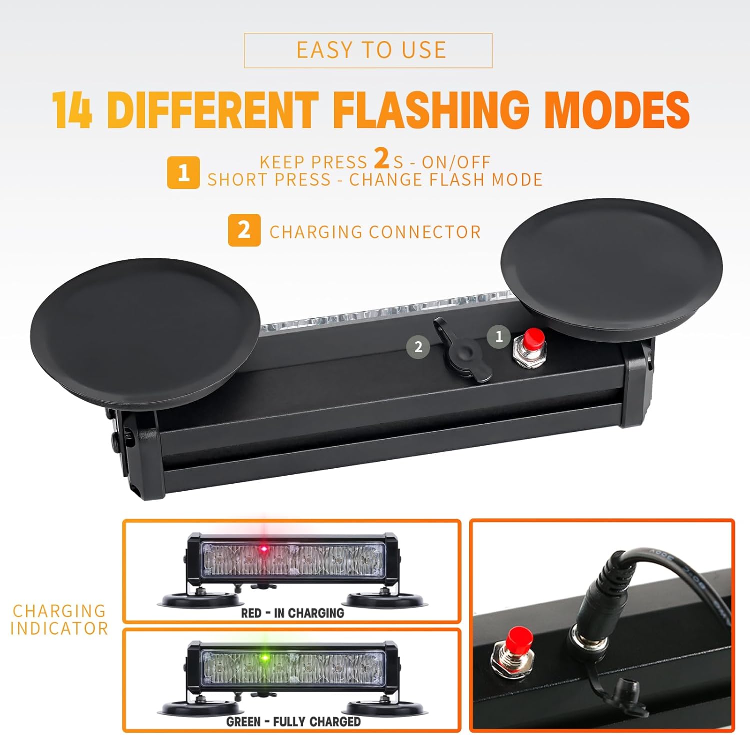 BooYu Amber/White Magnetic Wireless Flashing Strobe Light for Vehicles Trucks Car, Battery Operated Rechargeable LED Safety Beacon Lights, Mini Portable Emergency Warning Light Bar (2-Pcs, 2×8in)