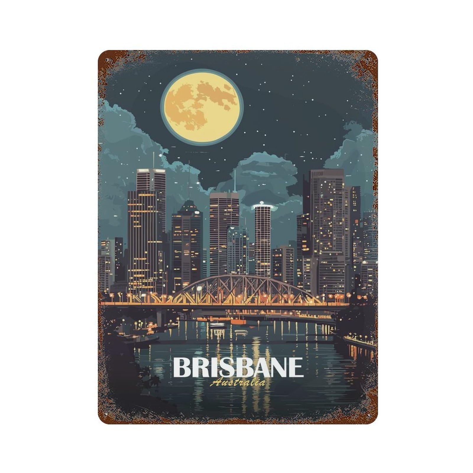 Brisbane Australia Cityscape at Night Decorative Tin Sign 15.7"x11.8", for Bistro, Counter And Cafe Decor, Retro Wall Decor