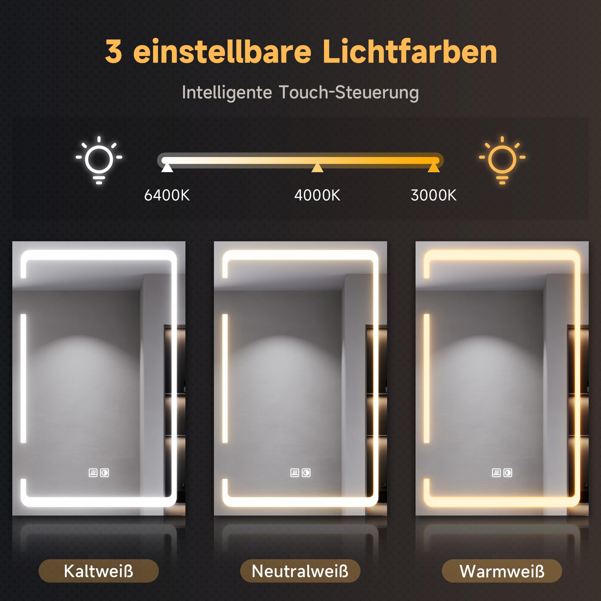 SONNI Szafka łazienkowa z lustrem LED, 60 x 38 cm, metalowa szafka z lustrem z dotykowym włącznikiem, 3 kolory światła + defogging, bezprzewodowy zawias, biała, łazienka, szafka medyczna