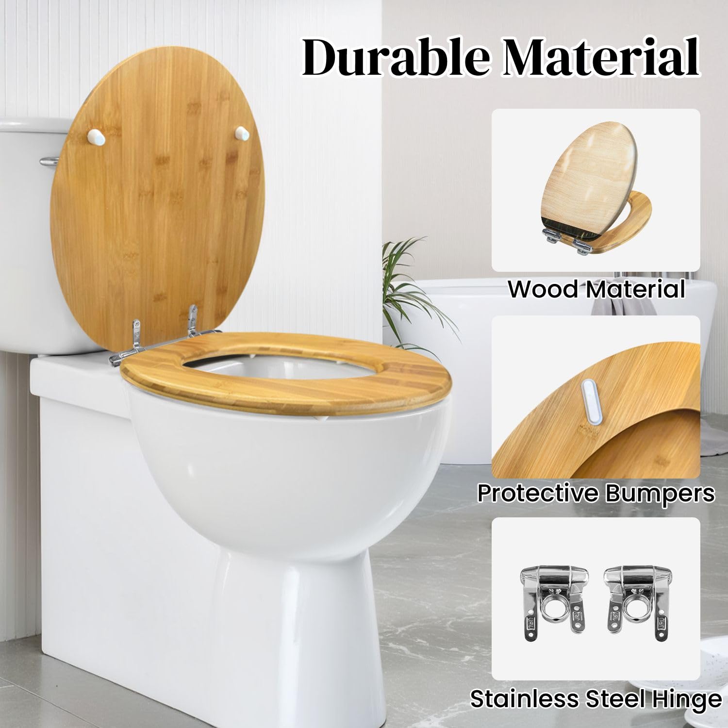Asiento De Inodoro Alargado De Madera para Baño, Textura De Madera Clara, Tapa De Cierre Suave Y Silencioso, Bisagras De Liberación Rápida con Topes, Fácil De Limpiar E Instalar.