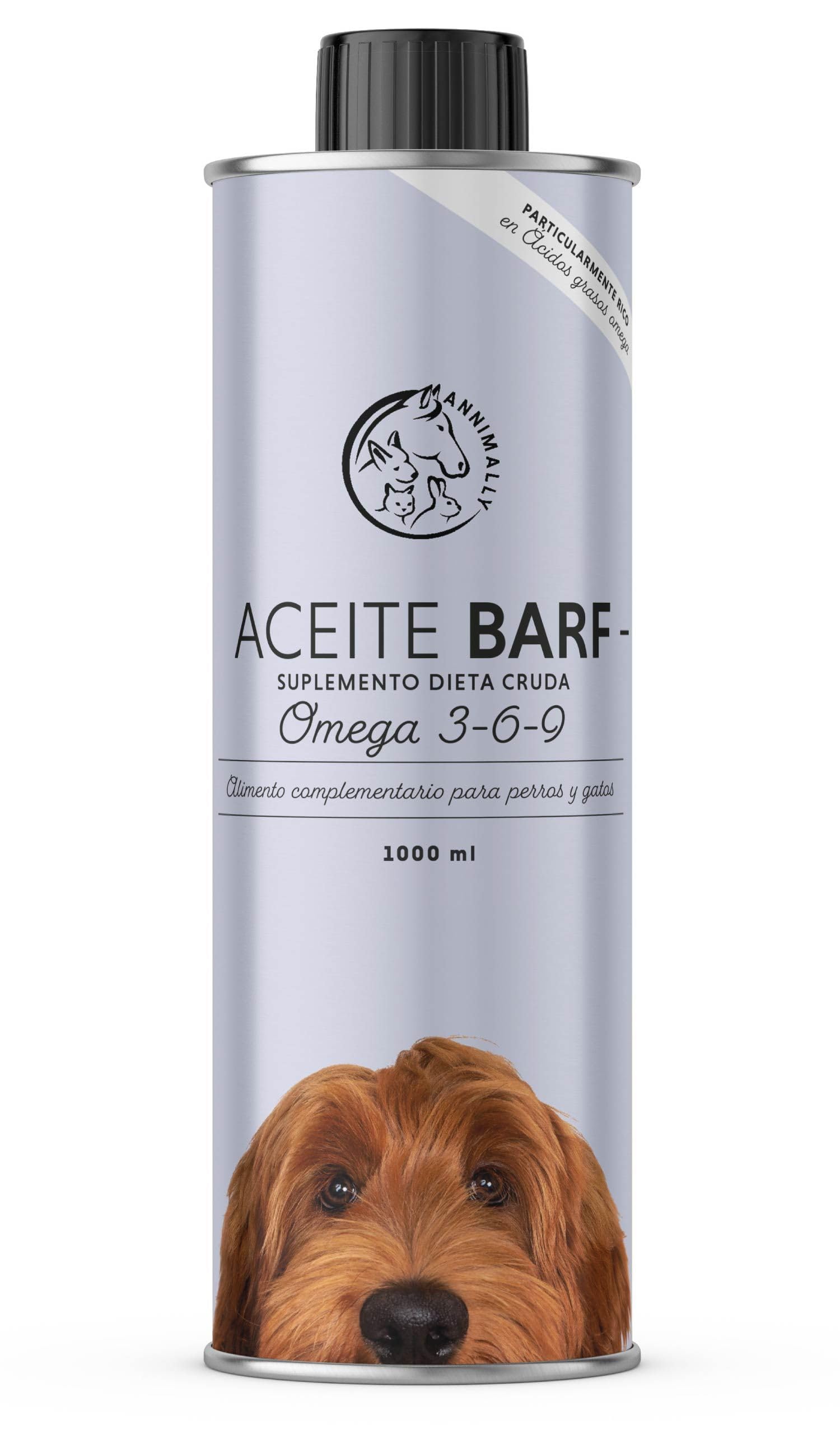 Aceite Barf para Perros 1000 ml - Aceite Barf con Omega 3-6-9 a Base de: Aceite de salmón, Aceite de Colza, Aceite de cáñamo y Aceite de borraja. Aceite alimentario para Perros como complemento
