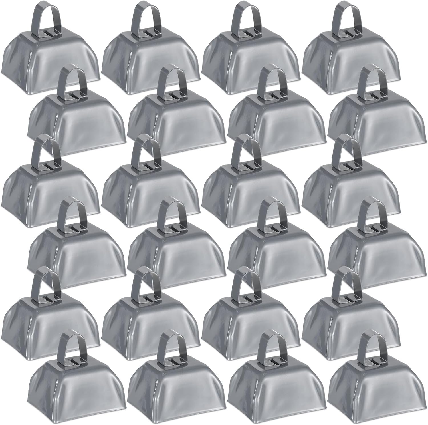 Yeshone 24 Pcs Metal Cowbell with Handle Cow Bells Noise Makers for Sporting Events Small Loud Noisemaker Cow Bell for Wedding Cheering Football Games, 3 x 2.8 x 2.5 Inch(Grey)