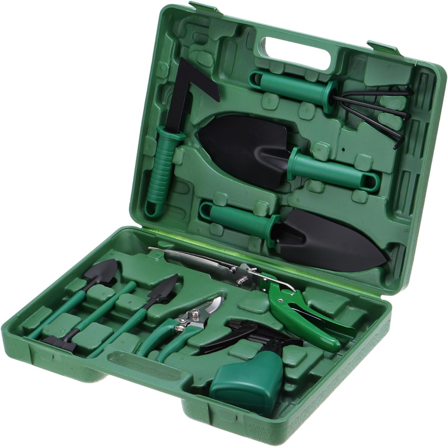 HARFINGTON 1 Set Garden Tool Set 10 Pieces Plastic Gardening Planting Tools Kit with Shovels, Rake, Scissor, Trimmer, Water Sprayer and Store Case, Green