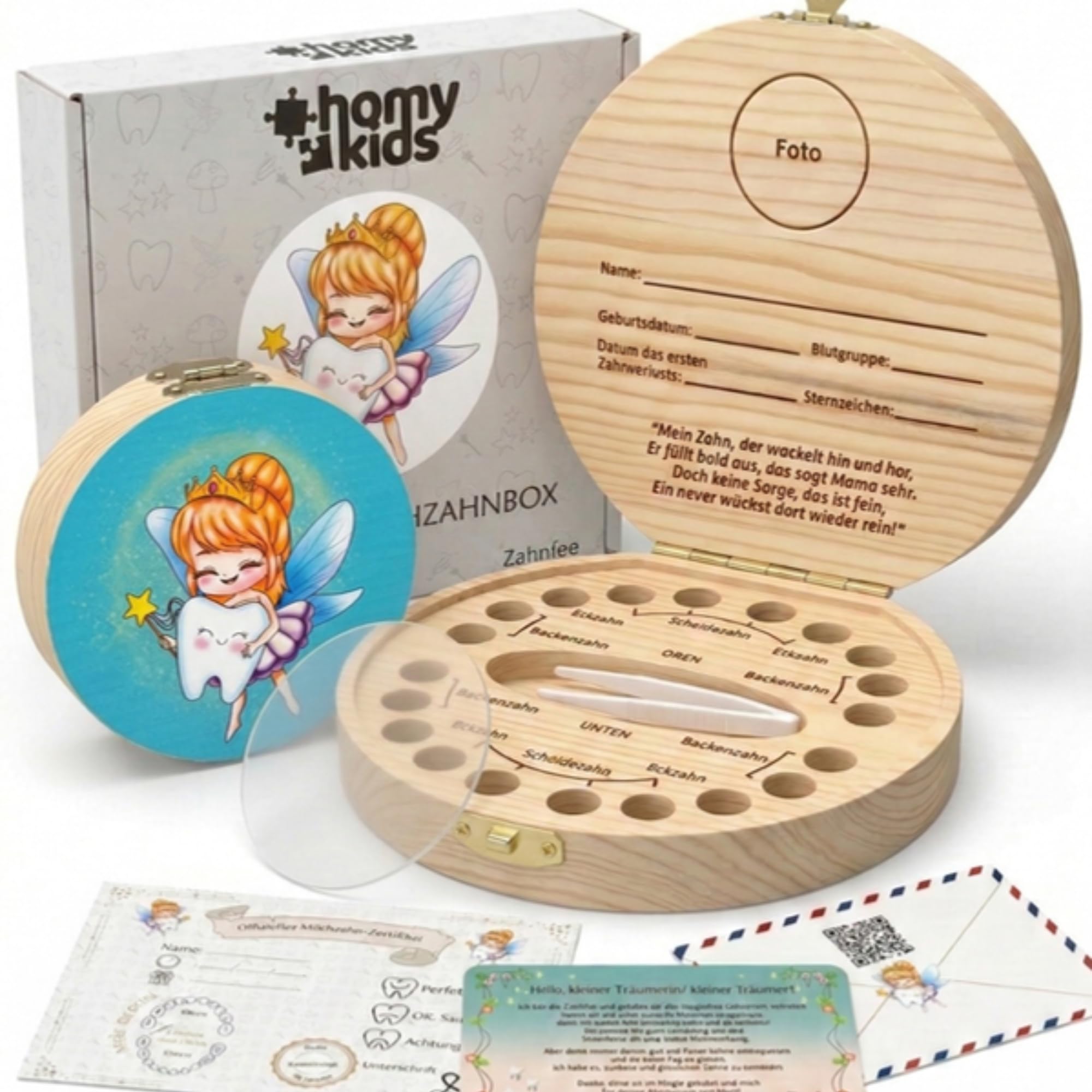 HOMYKIDS® Milchzahnbox für Jungen und Mädchen [DEUTSCH] – Zahnbox für Milchzähne - Zahndose aus Naturholz + [E-BOOK KOSTENLOSES] – Zahnfee Box (Deutsch - Zahnfee)
