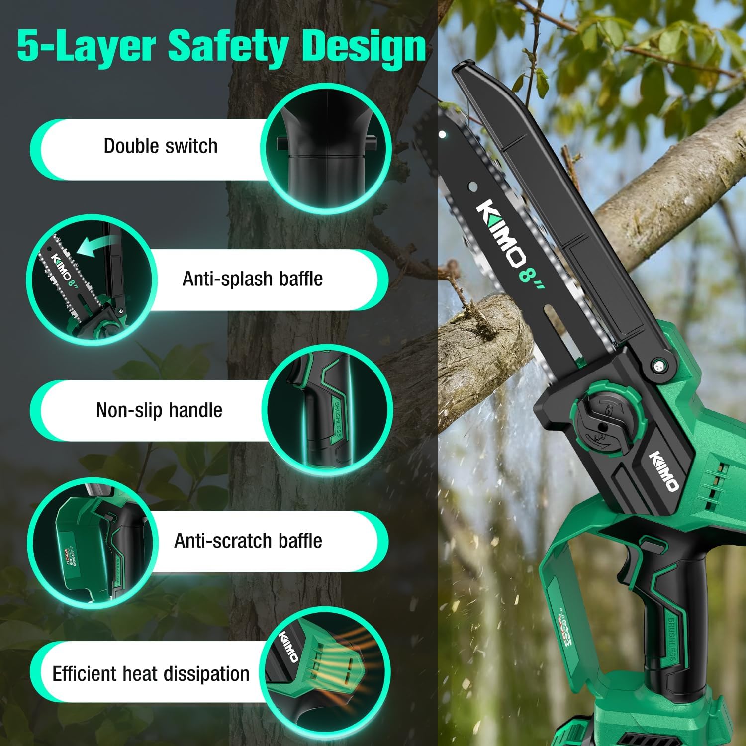 KIMO 8-INCH Mini Chainsaw Cordless, 4.0Ah Batteries & Fast Charger, 34 FT/S Powerful Cutting Handheld Chain Saw w/Auto Oiler, Brushless Battery Powered Chainsaw Electric for Tree Trimming
