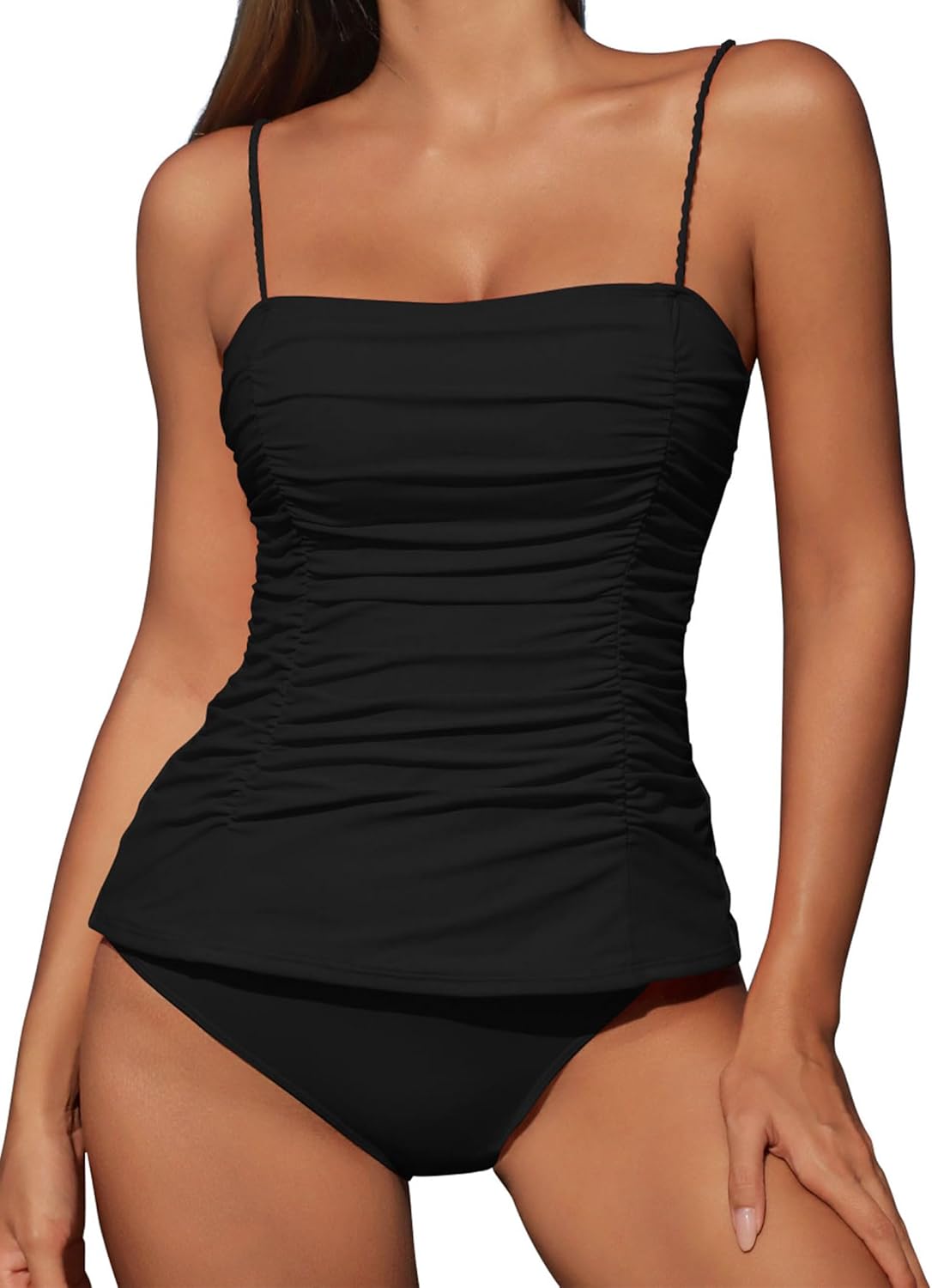 ZAFUL Womens Tankini Swimsuits 2025 Spaghetti Strap Two Pieces Ruched Top Tummy Control High Waisted Bottom Bathing Suits